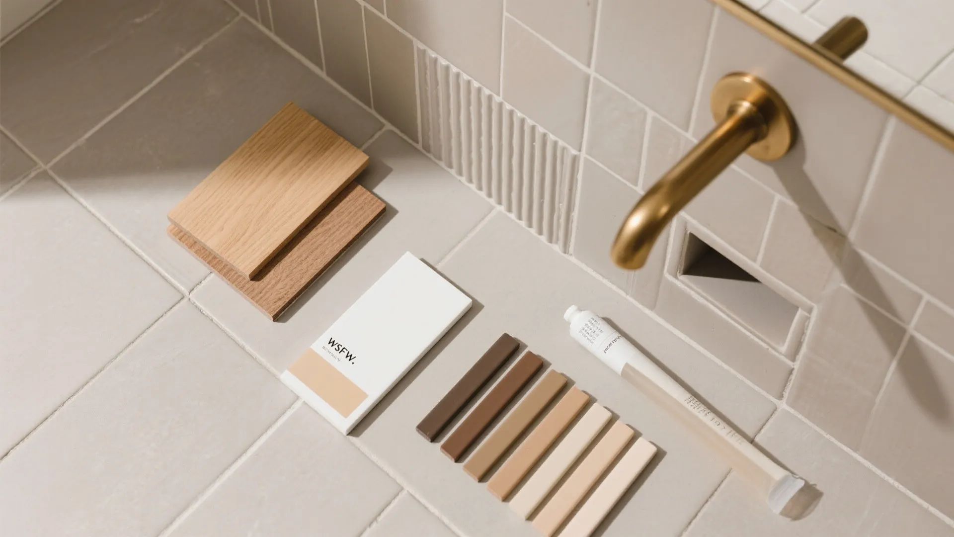 Bathroom material palette with wood samples color swatches tiles and gold water tap on floor