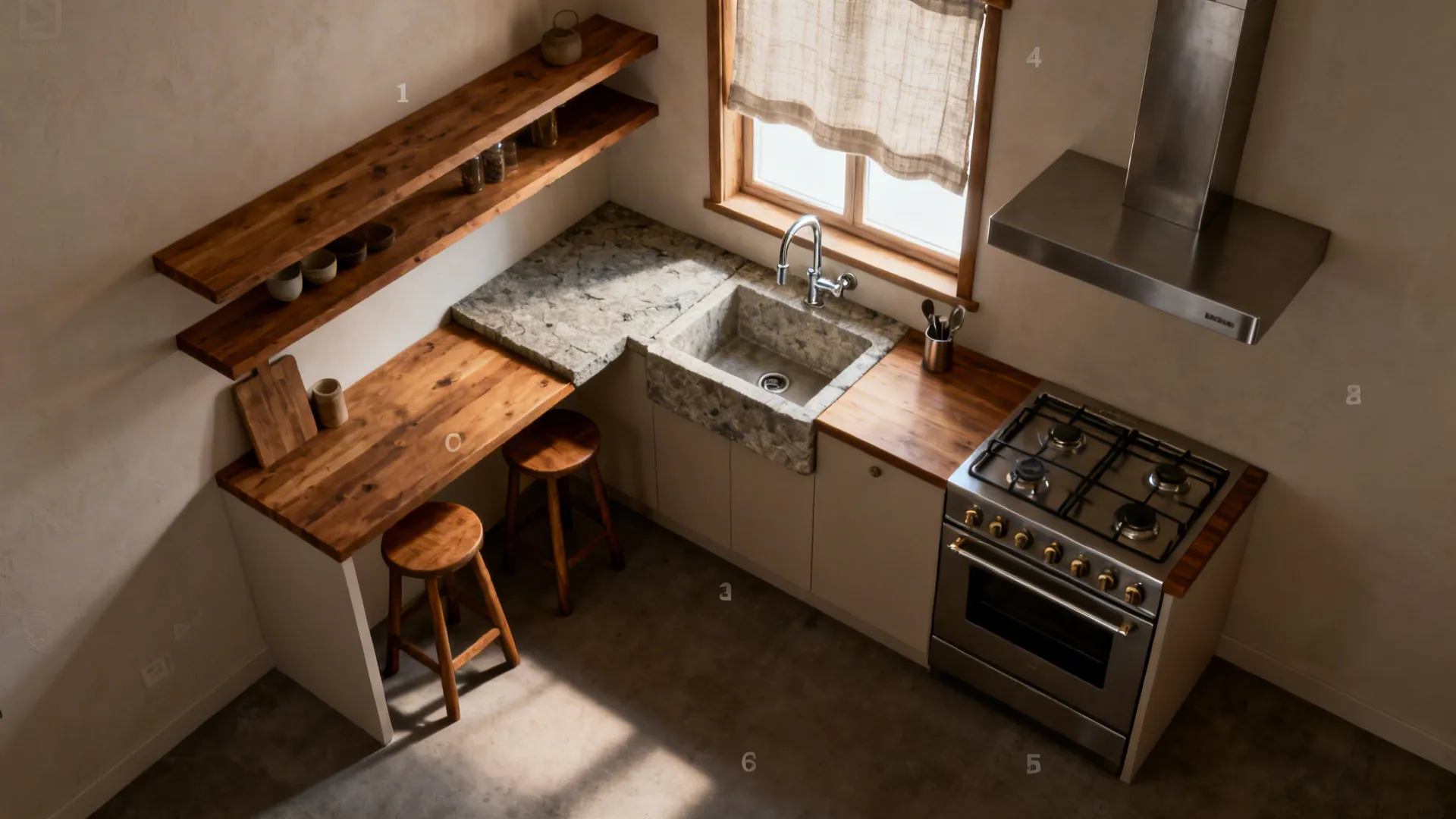 Top-down L-shaped kitchen plan showing wood, stone, metal, and linen placement within a three-color palette.