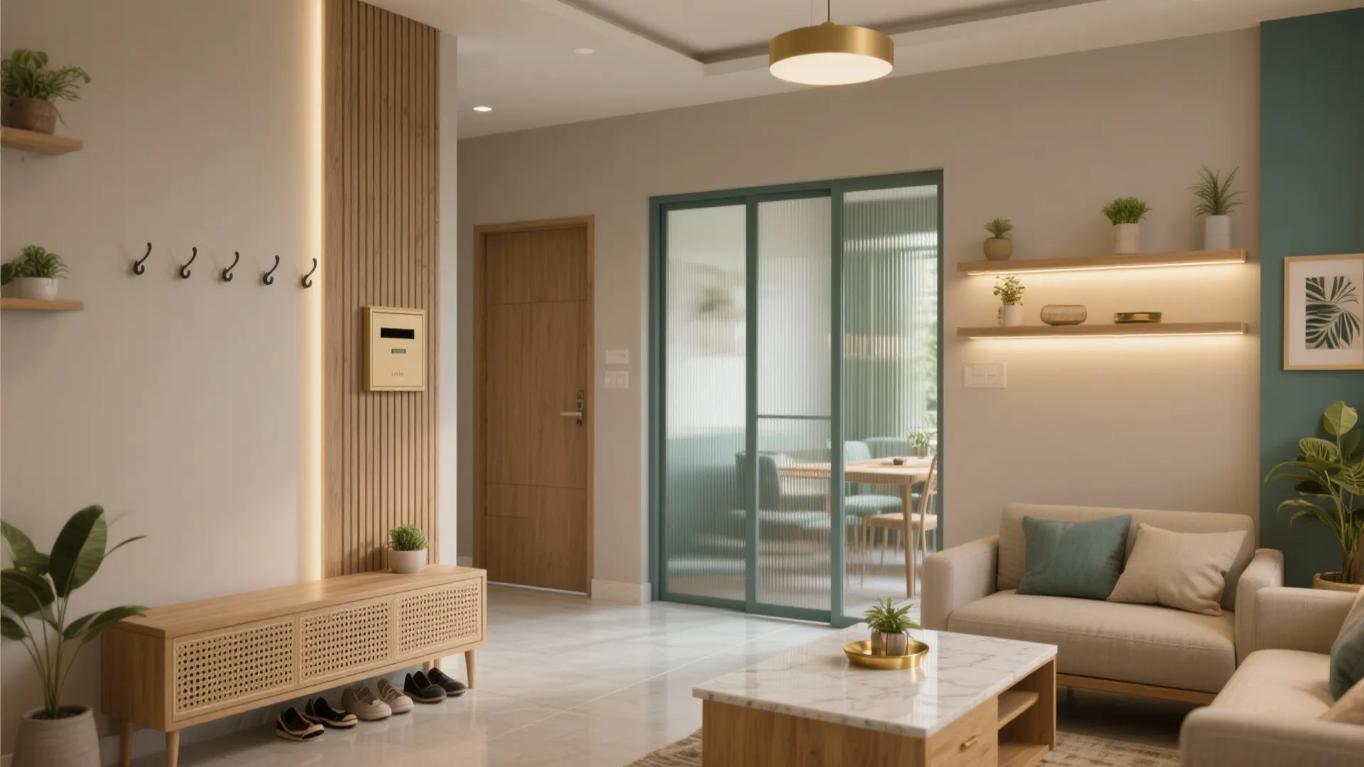 Modern living room featuring beige sofa, marble coffee table, wooden cabinet, and fluted wall panel