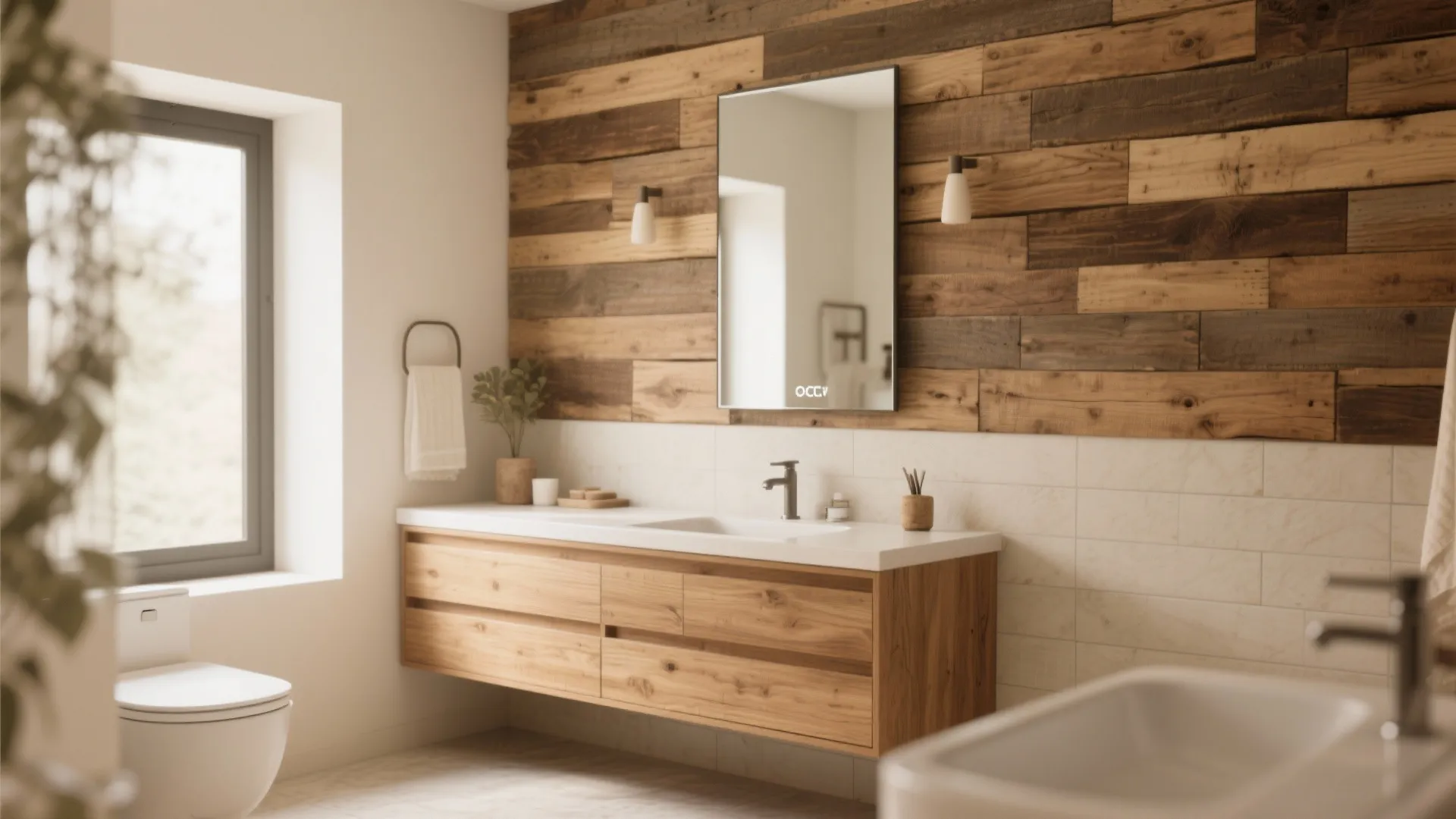 Bathroom vanity with pallet wood accent wall behind mirror