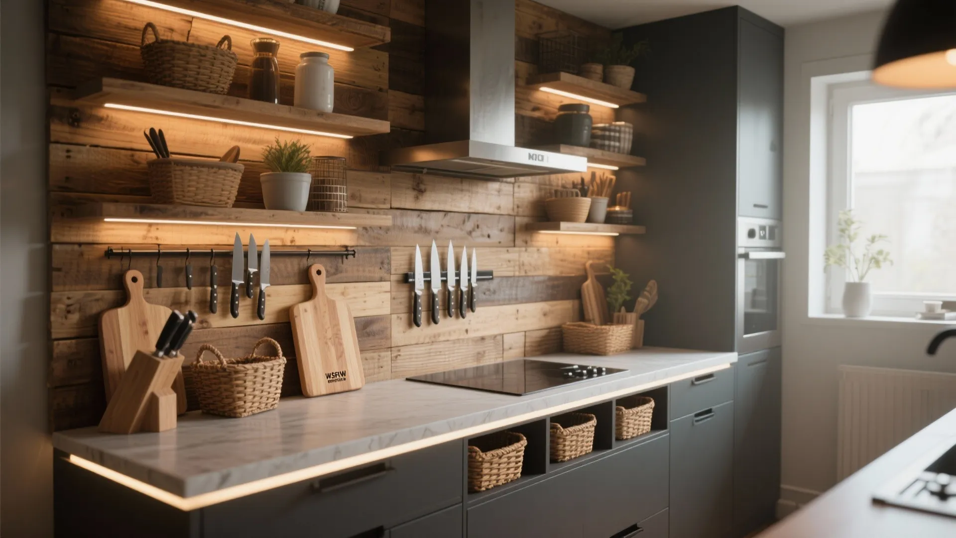 Modern kitchen with wood wall panel shelves warm light fixture black cabinets and marble counter