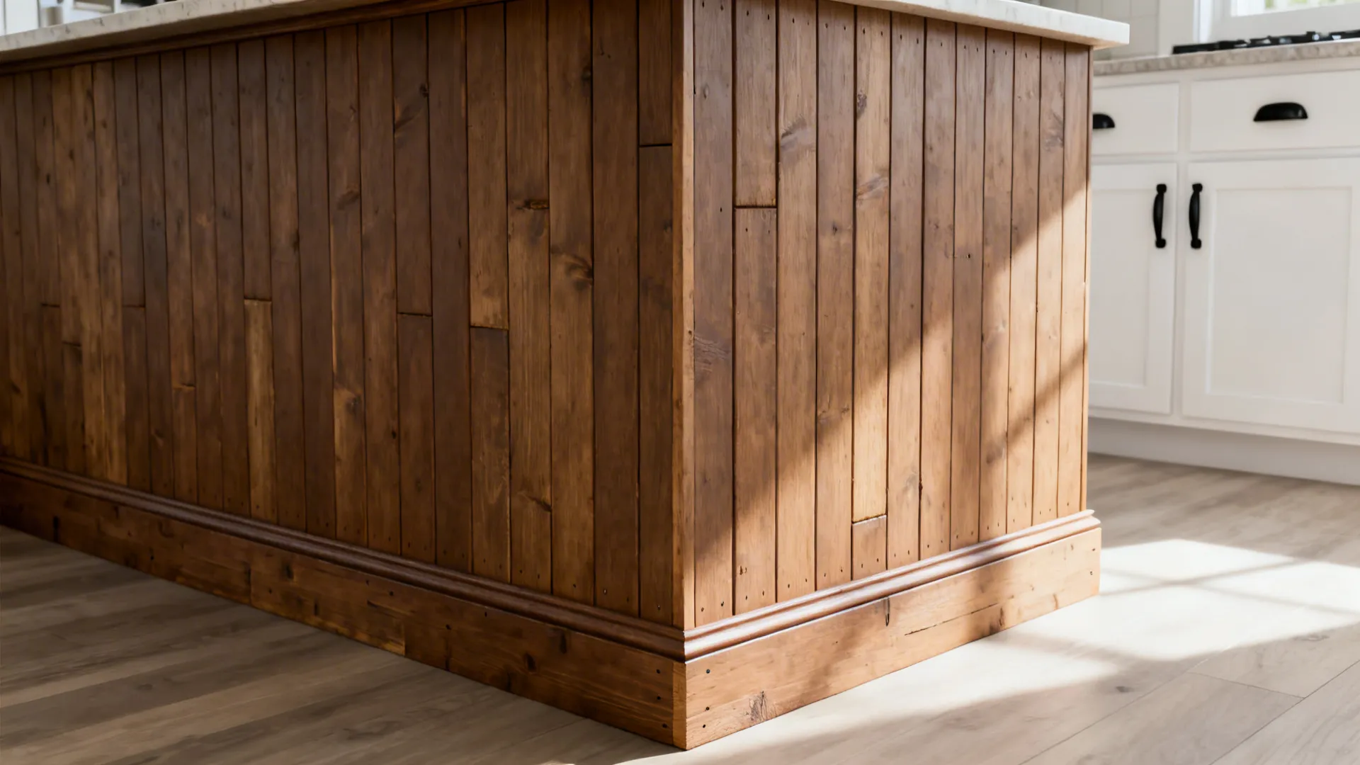 Close-up of pallet-wood toe-kick and peninsula wrap with neat, matte-finished planks.