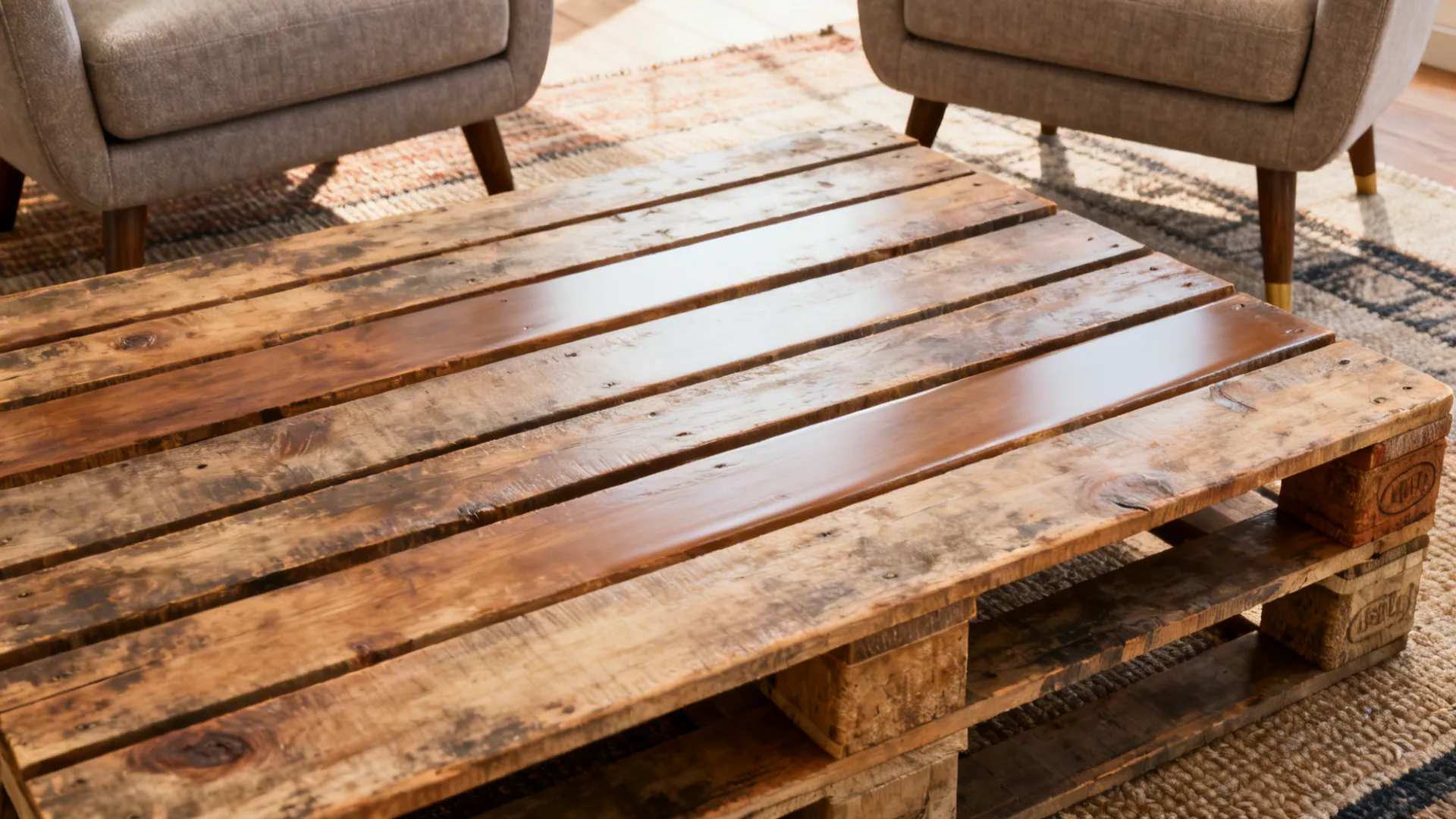 DIY pallet coffee table with two affordable accent chairs and detailed wood finish.