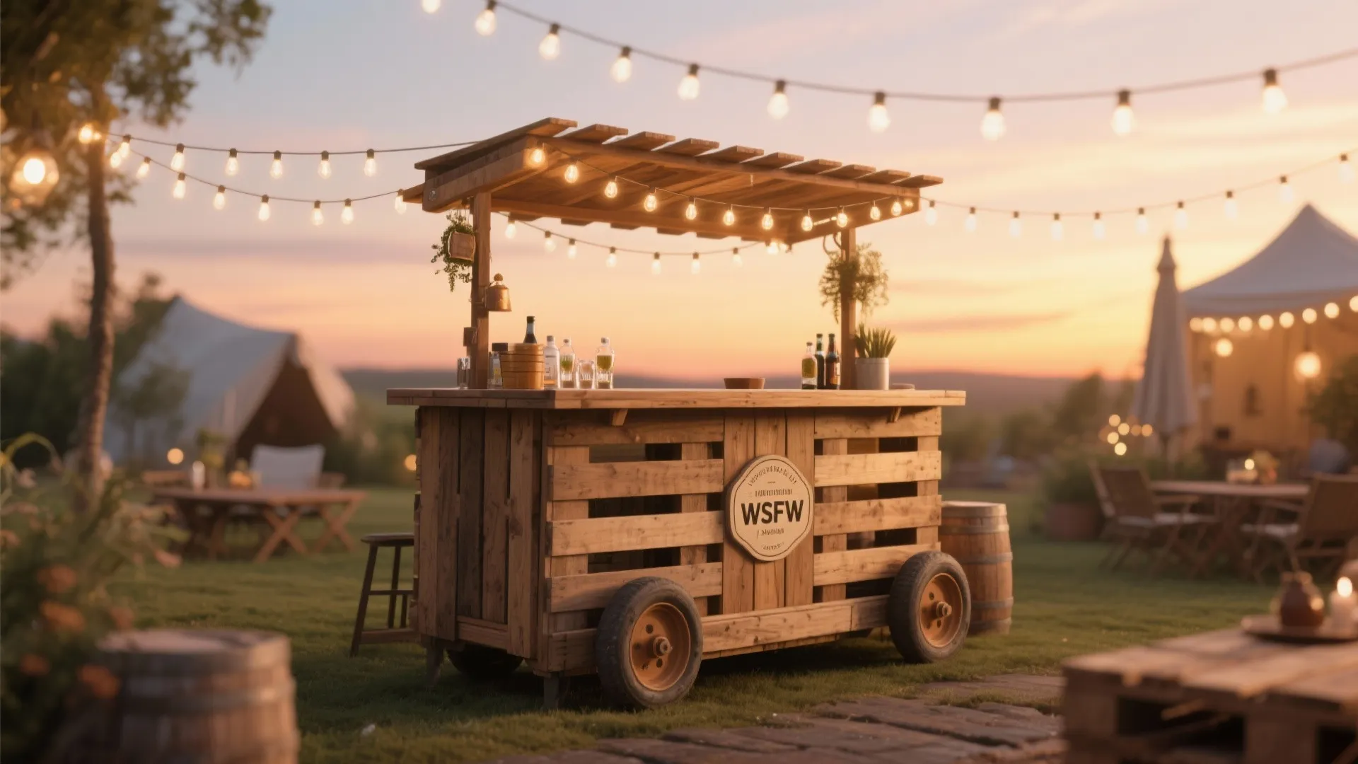 Wooden bar made from pallets with wheels and string lights in a sunset outdoor garden