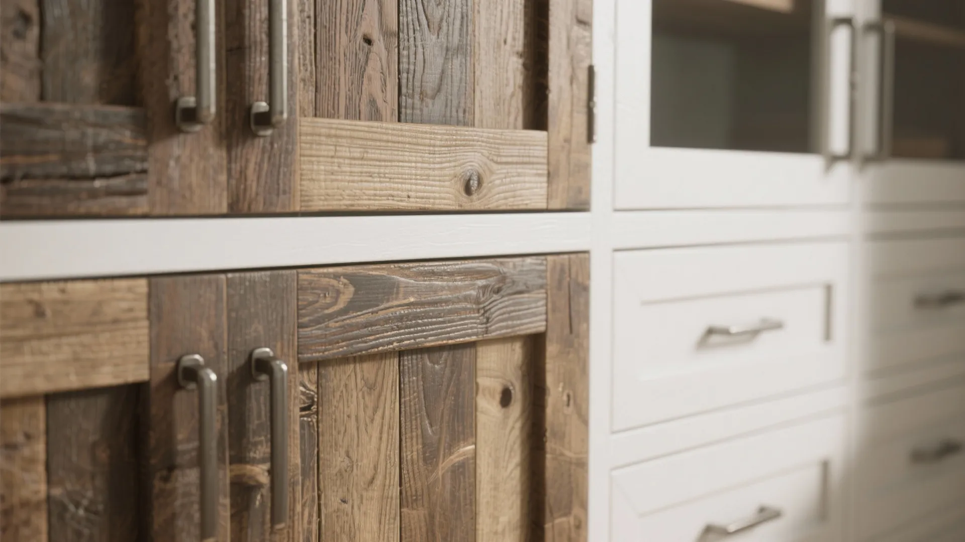 Close up of rustic wood kitchen cabinet doors with metal handles next to white drawers