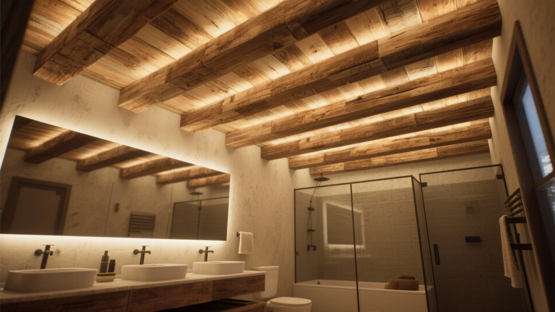 Bathroom with pallet wood faux beams and ambient lighting