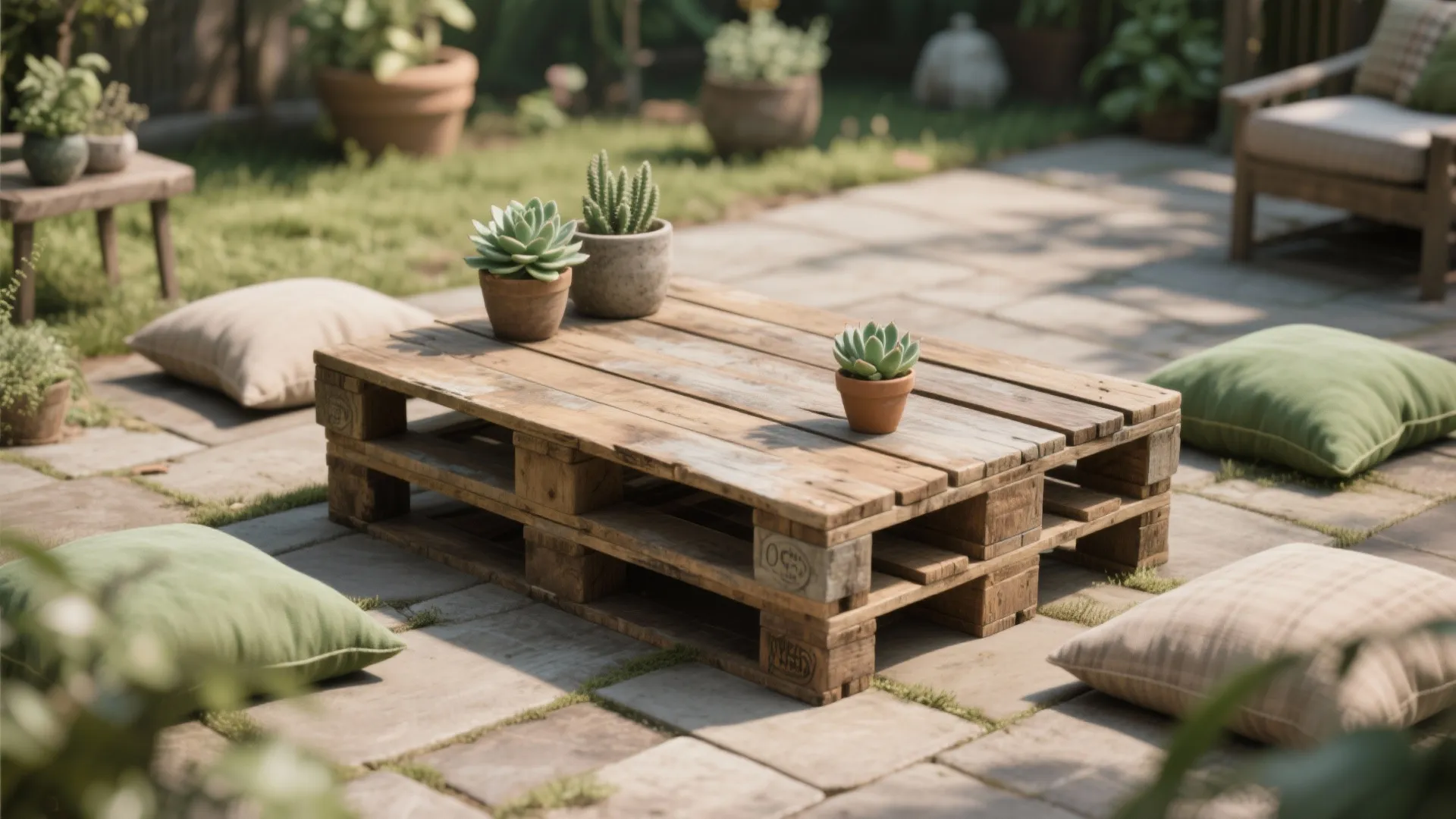 Low pallet coffee table on a rustic patio showing wood texture and potted plants.