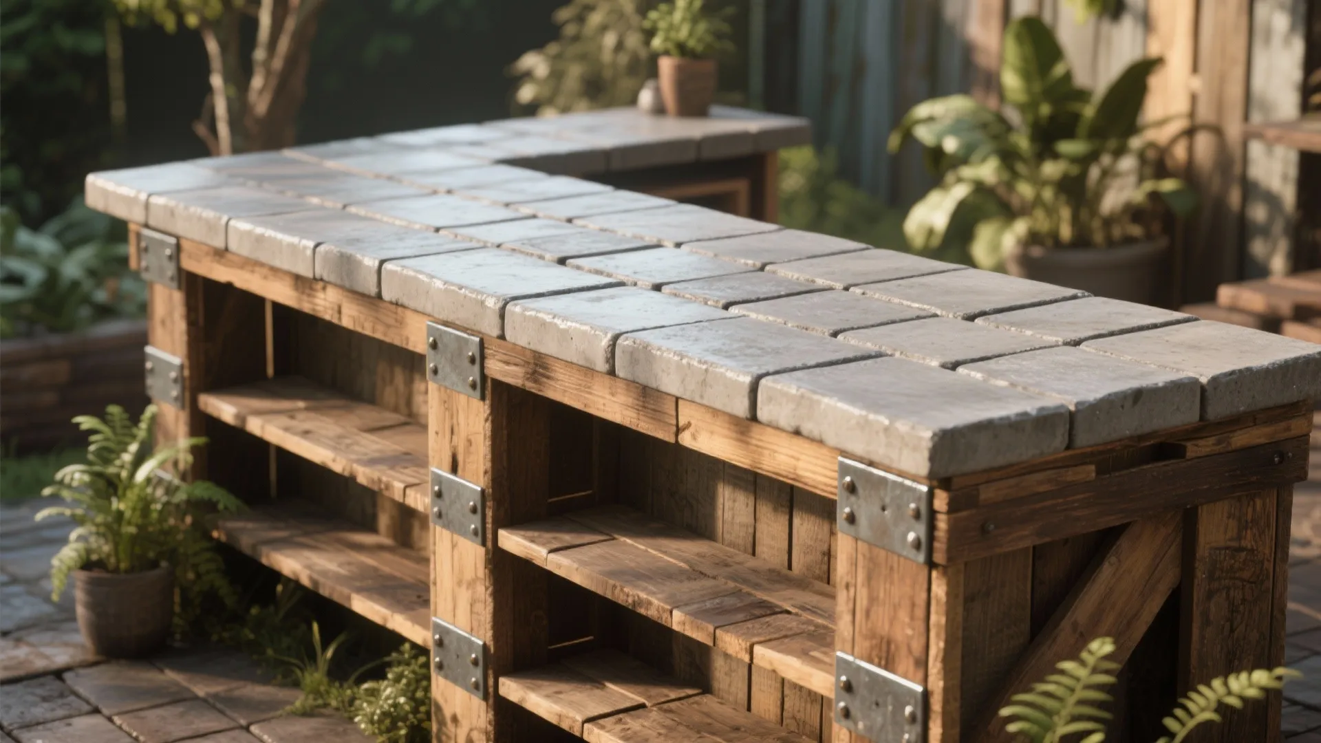 Rustic outdoor kitchen counter made of wood with grey stone tiles and open storage shelves