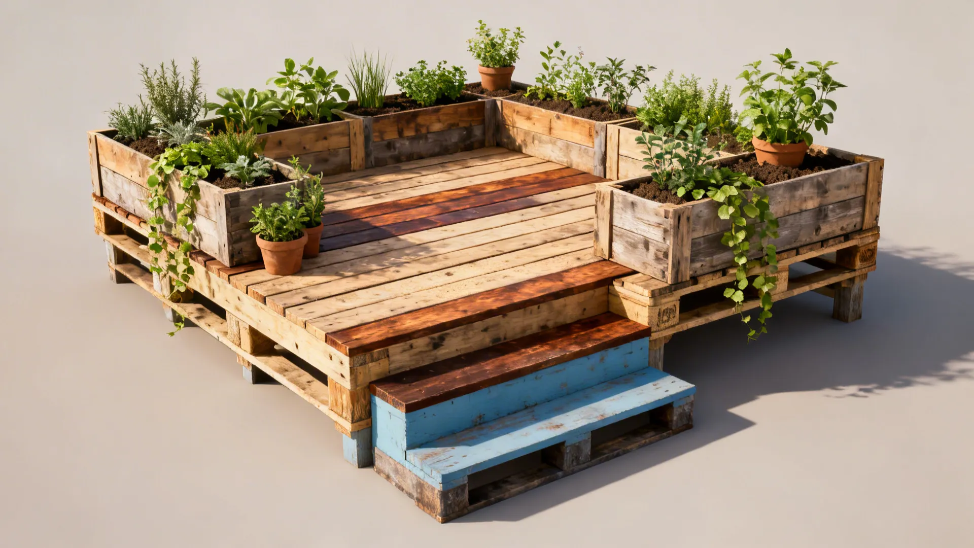 Reclaimed pallet decking with integrated planter boxes and mixed wood finishes.