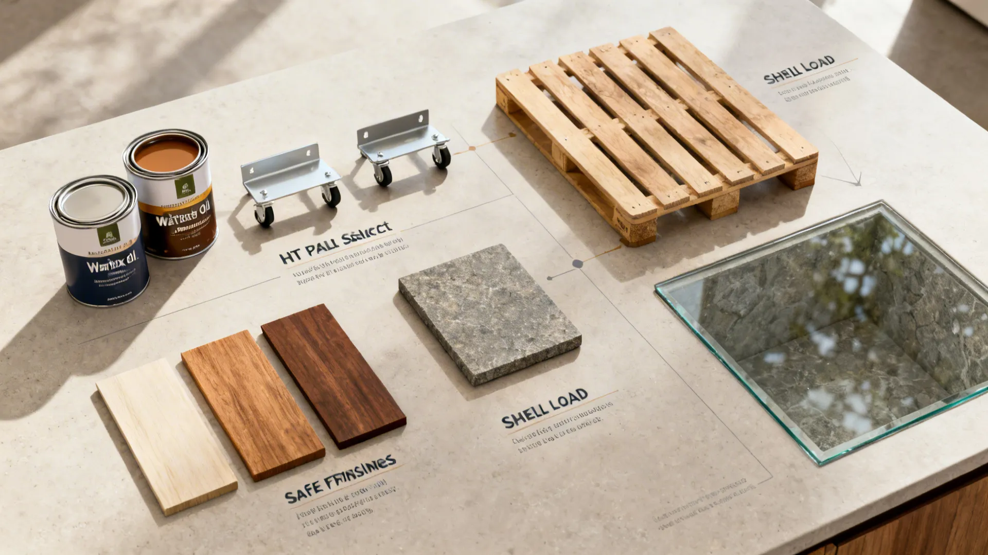 Top-down flatlay showing pallet samples, safe finishes, brackets, casters, and a stone board for FAQs.