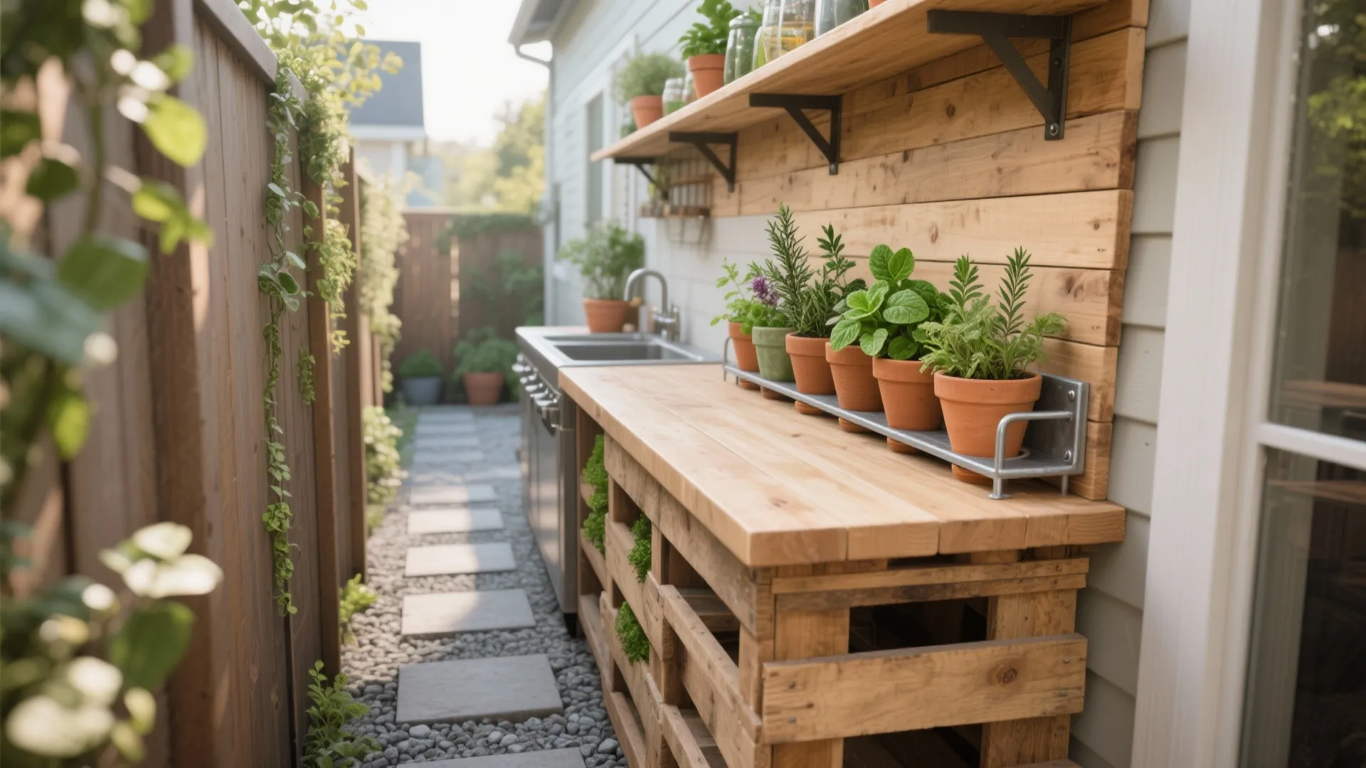 Slim pallet backboard galley with narrow counter and herb rail of mint, rosemary, basil