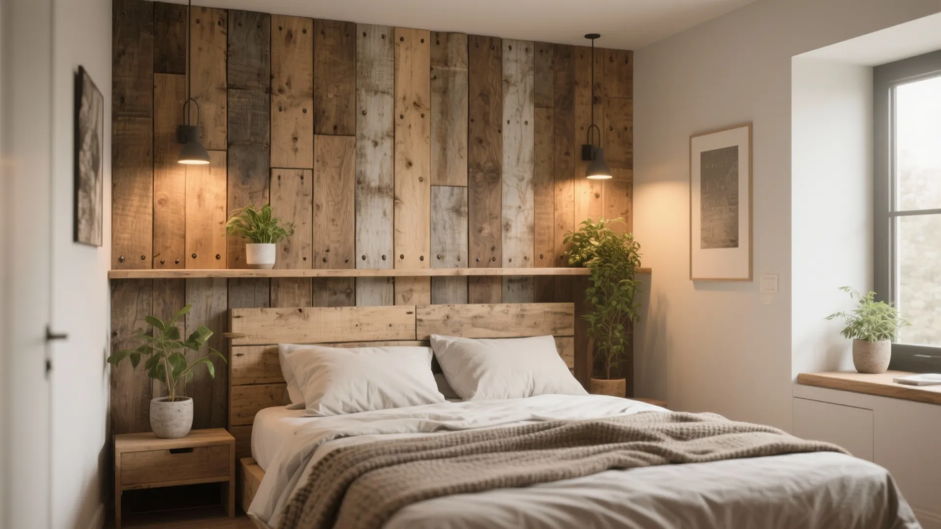 Cozy bedroom with wood wall panels plus wooden headboard and green plants in white pots