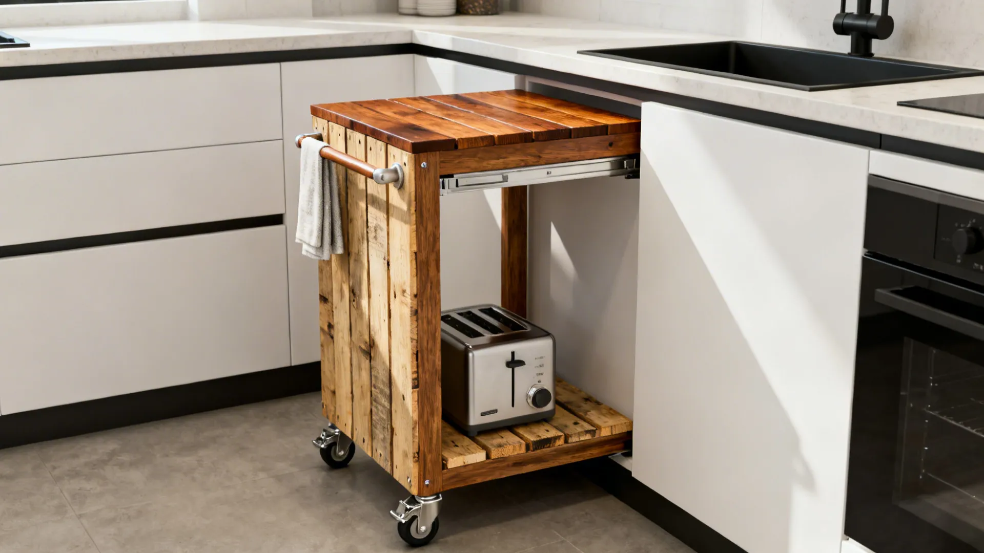 Slim pallet-clad kitchen island cart with locking casters and a towel bar.
