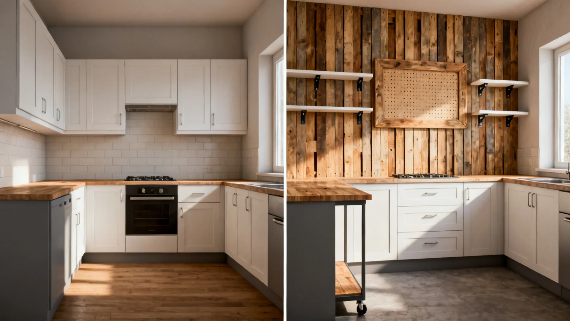 Before and after of a compact kitchen transformed with pallet backsplash, shelves, and a rolling island.