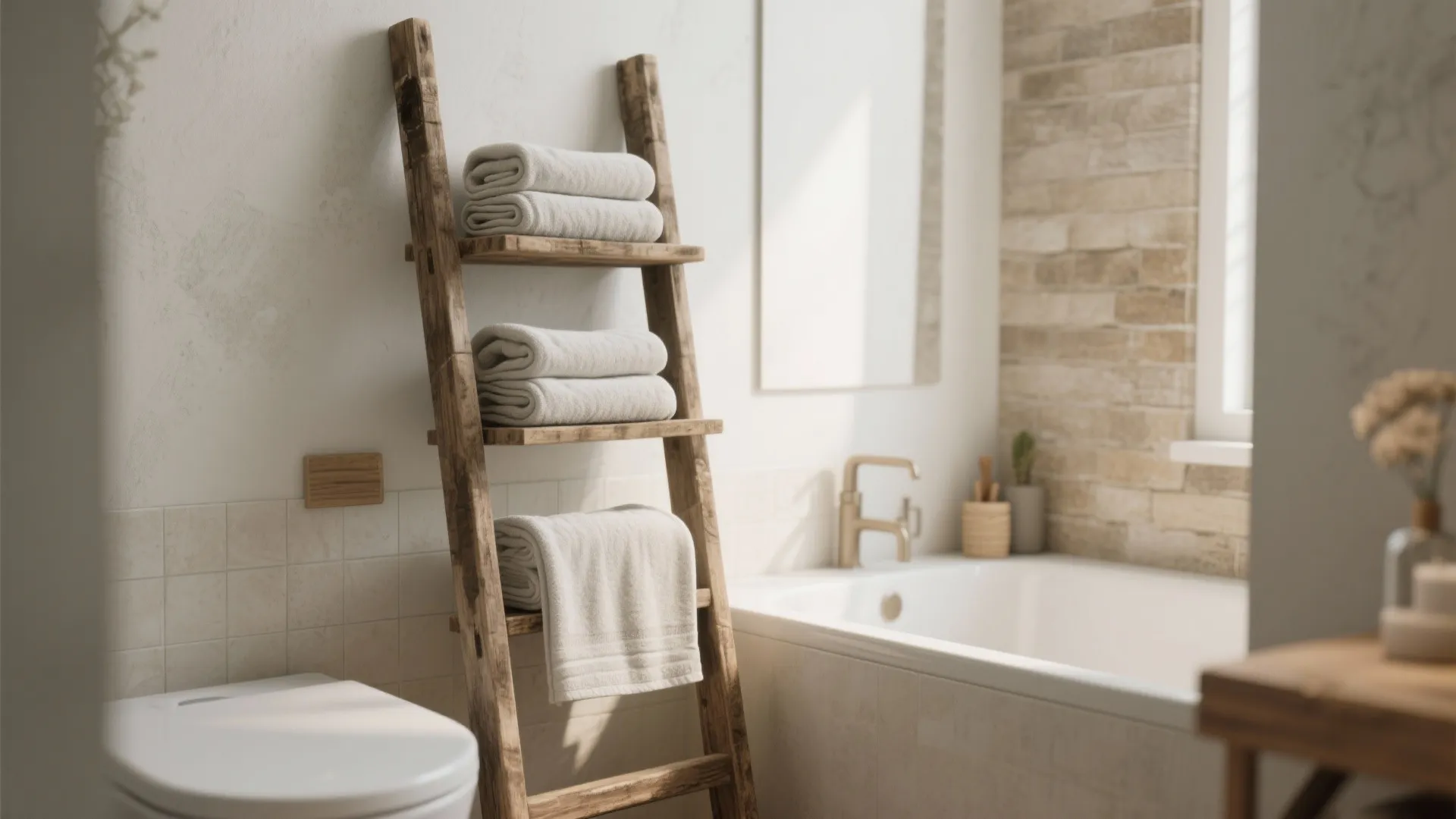 Rustic pallet ladder used as towel rack in bathroom
