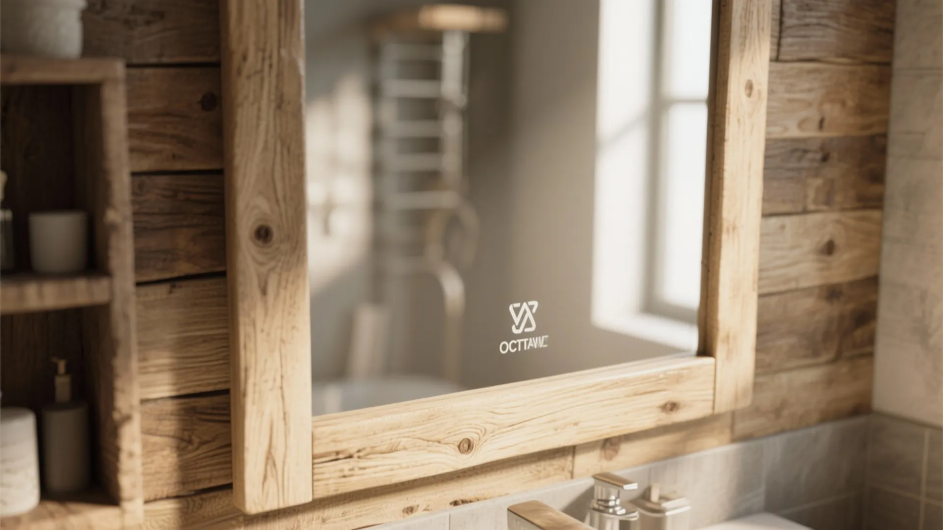 Close-up pallet wood mirror frame in bathroom