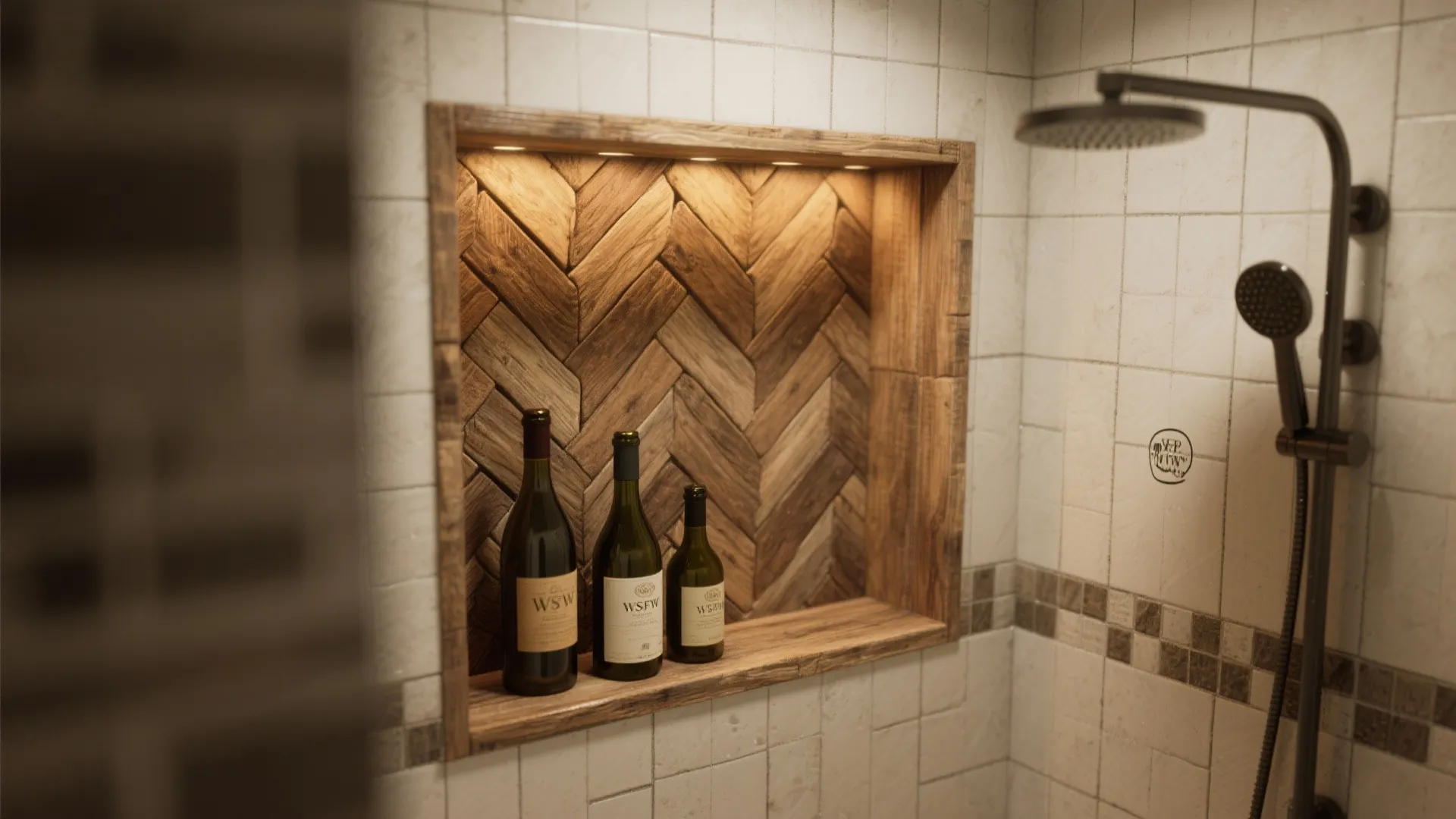 Shower niche backed with patterned pallet wood
