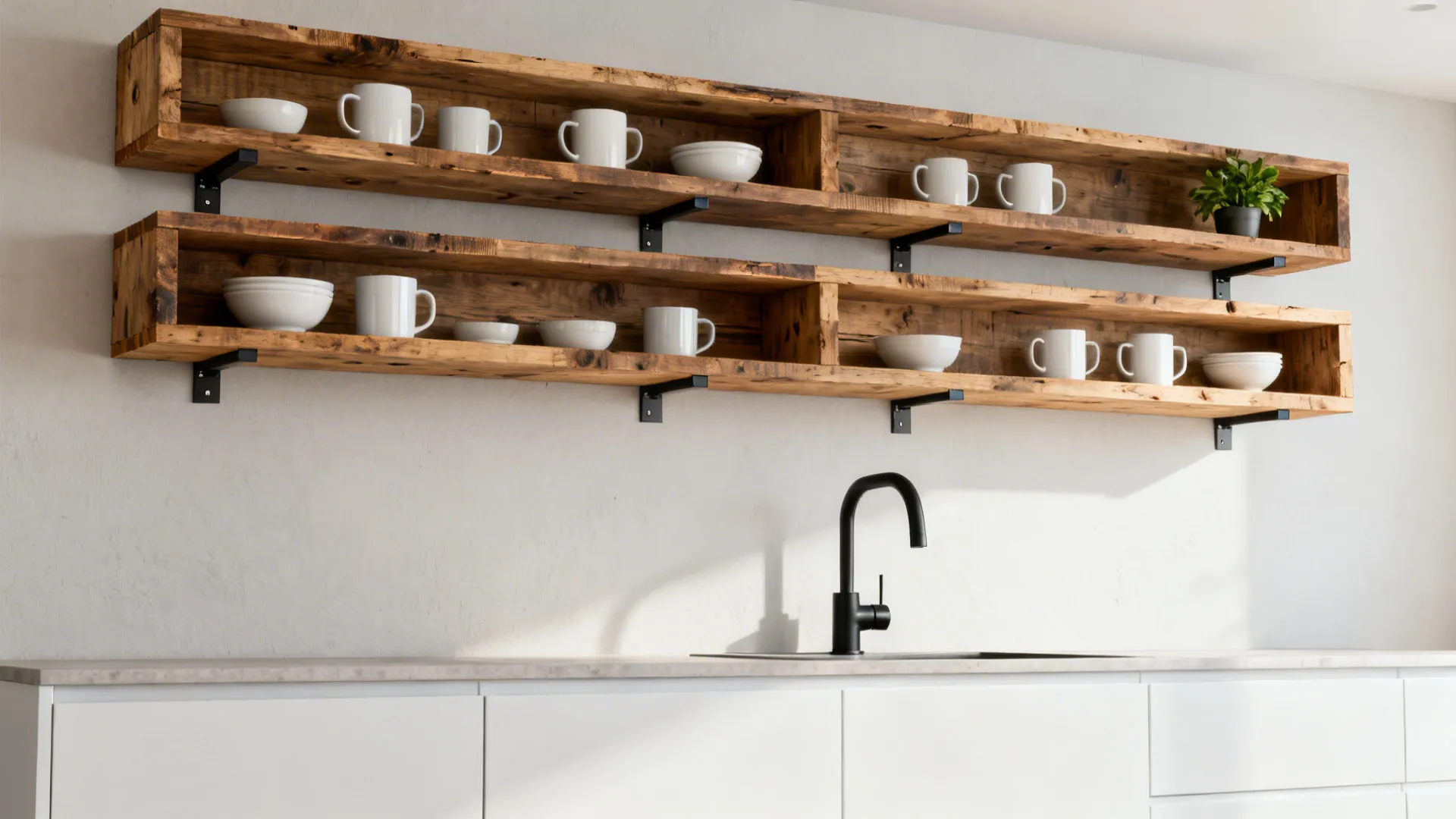 Floating pallet-wood shelves with hidden brackets styled with mugs and bowls.