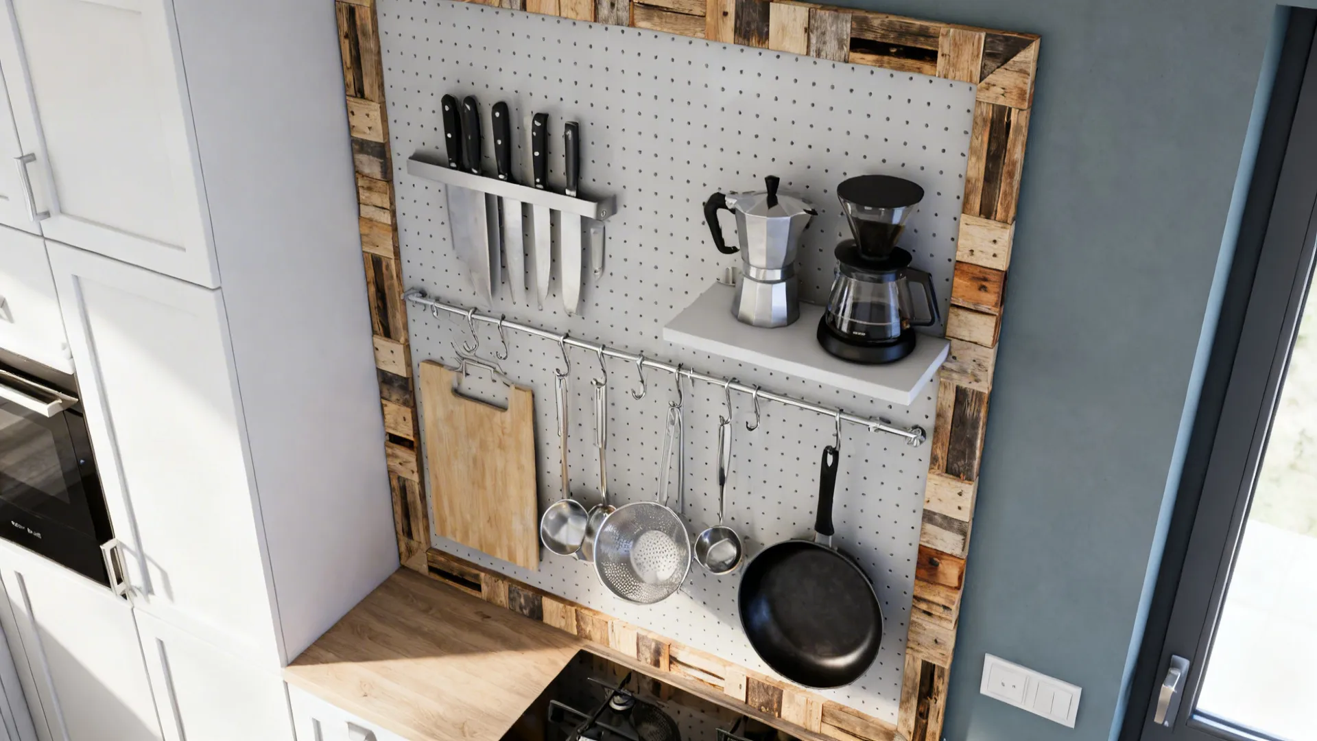 Pegboard framed with pallet trim organizing kitchen tools in clear zones.