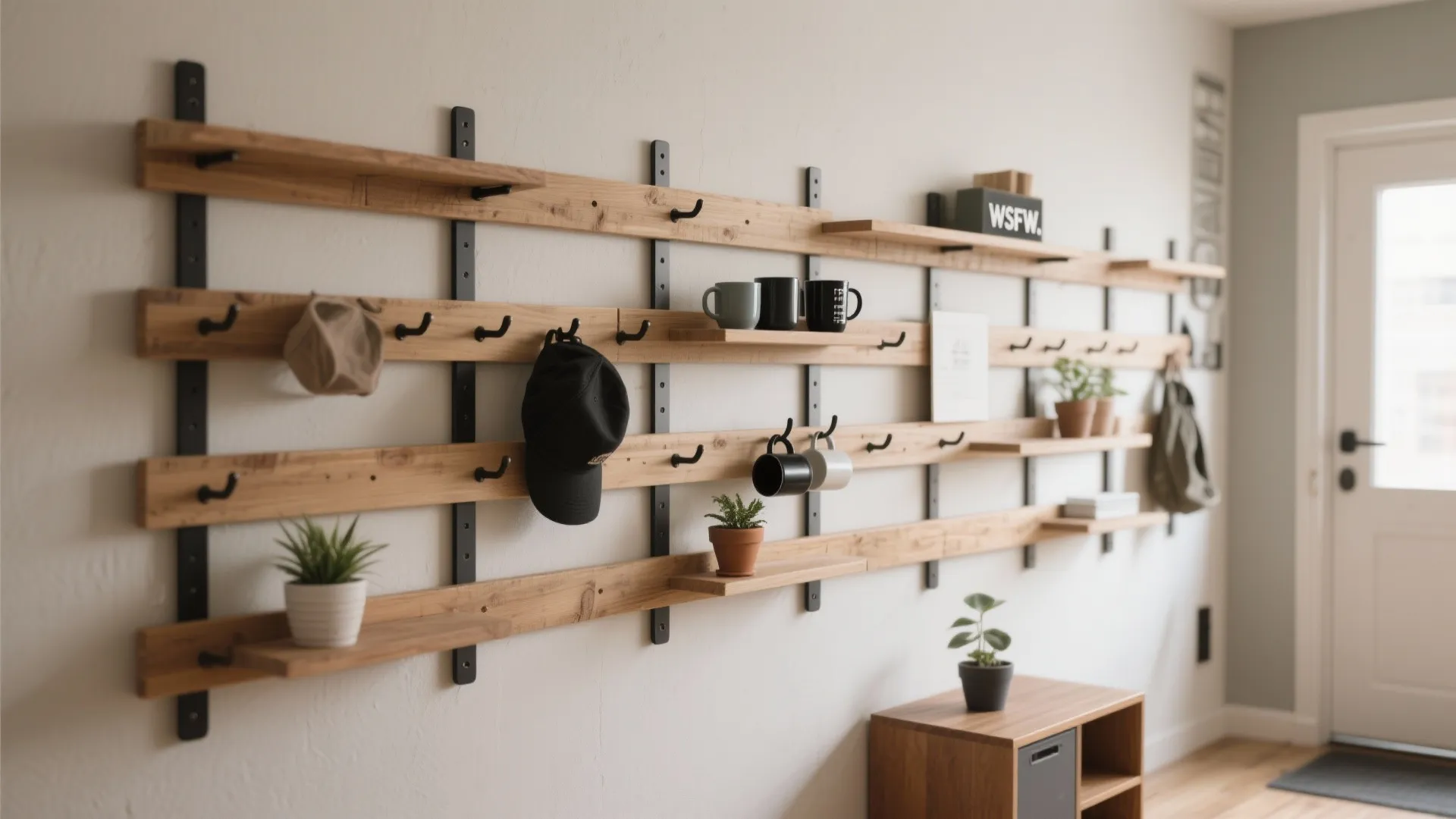 4) Pallet Wall with Integrated Pegs and Floating Ledges