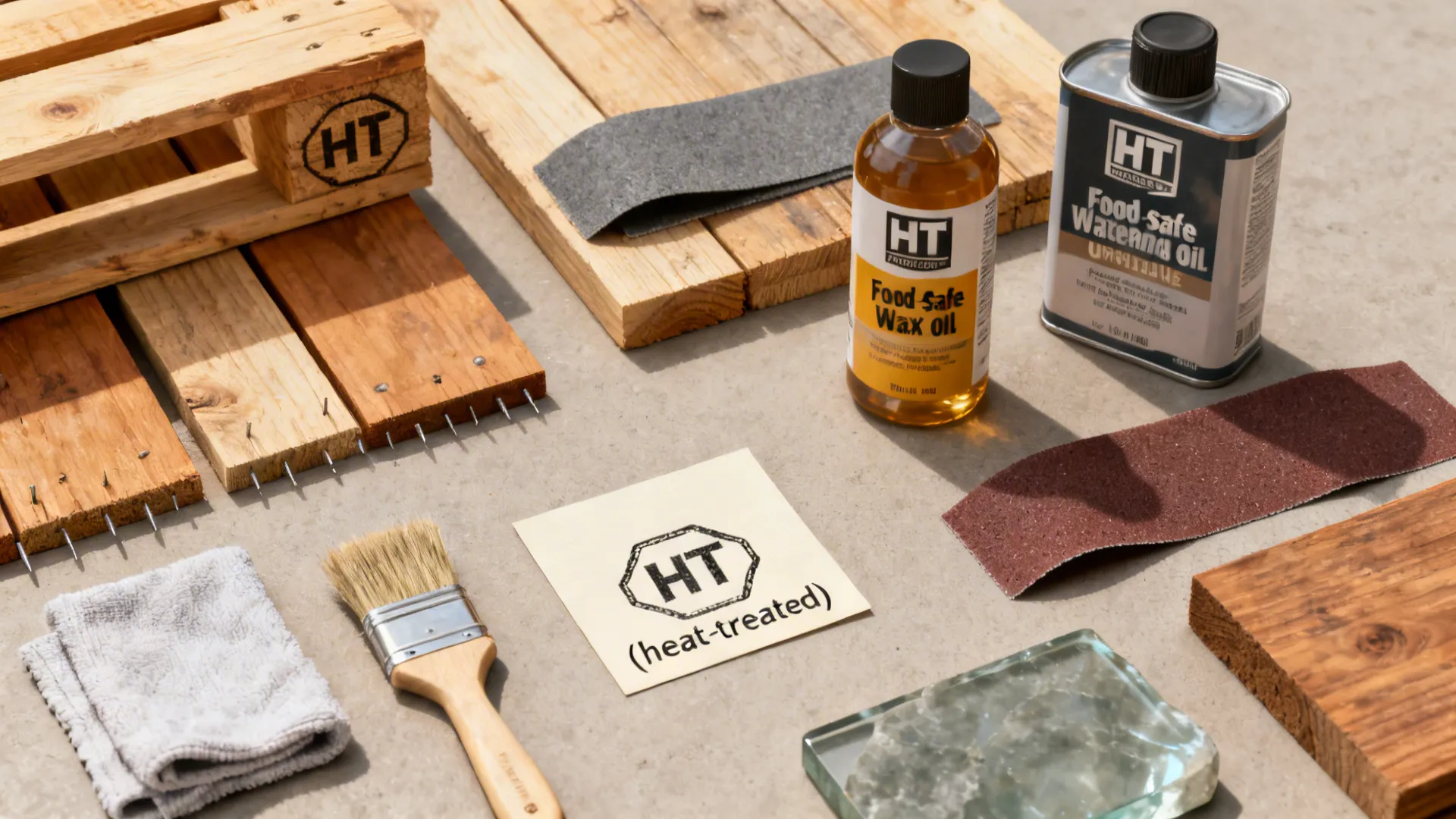 Flatlay of HT-stamped pallet wood samples with safe finishes, tools, and barrier material samples.