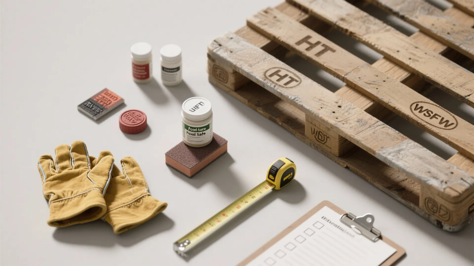 Work tools including yellow gloves and measuring tape next to a wooden pallet and clipboard