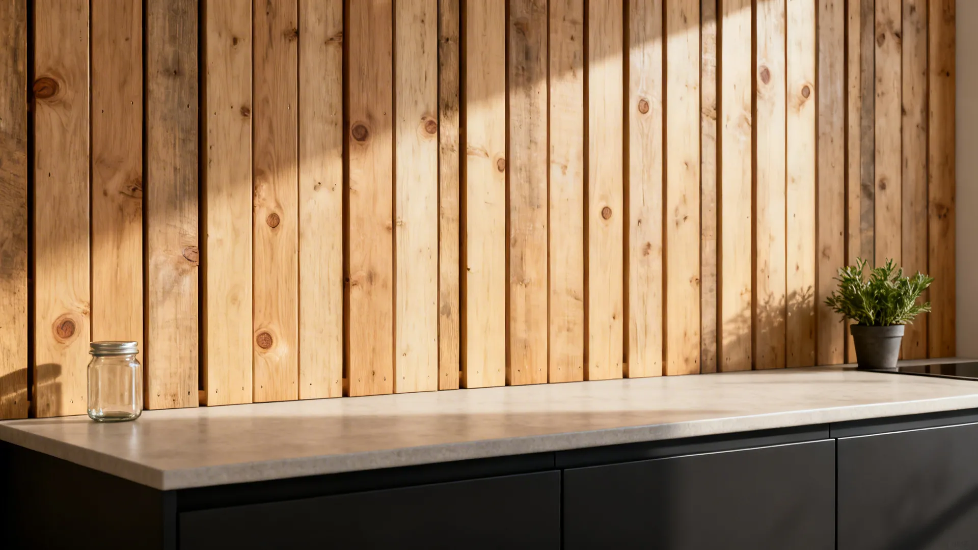 Close-up of smooth pallet-wood slat backsplash with clear finish behind a light countertop.