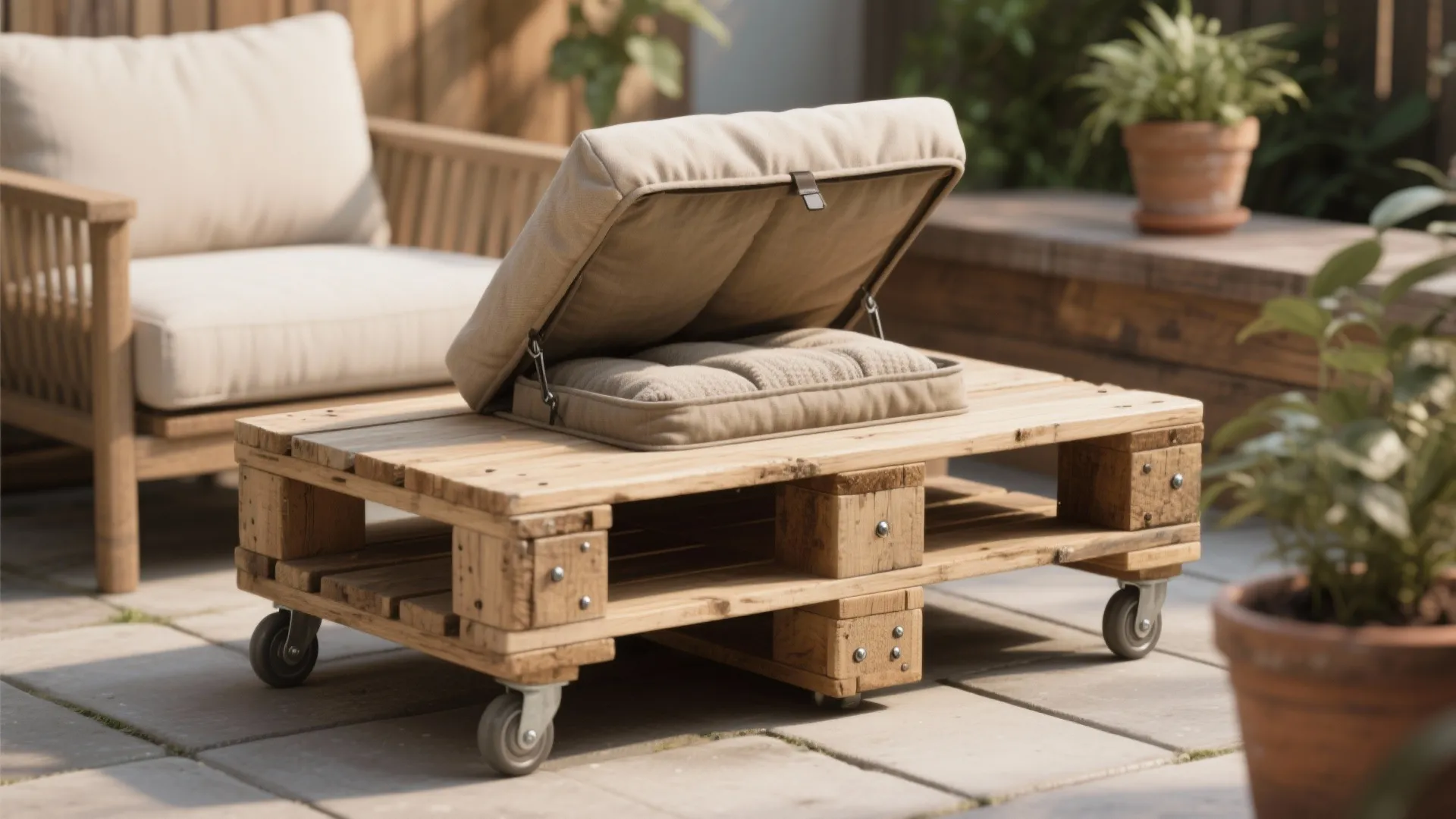Reclaimed pallet coffee table with casters and a lifted weatherproof cushion revealing hidden blanket storage on a sunny patio.