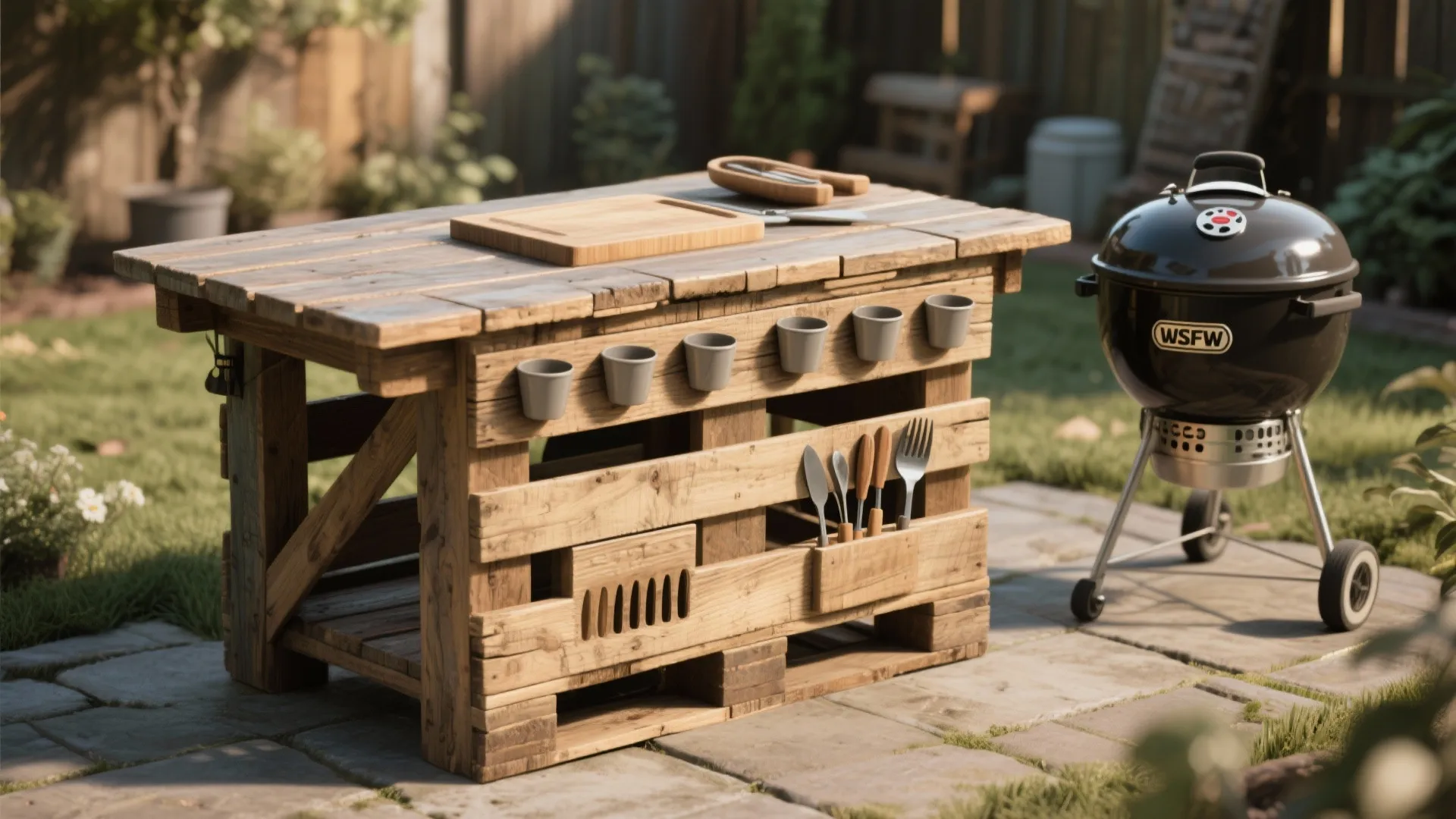 Upcycled pallet prep table with integrated drink holders and utensil slots next to a kettle.