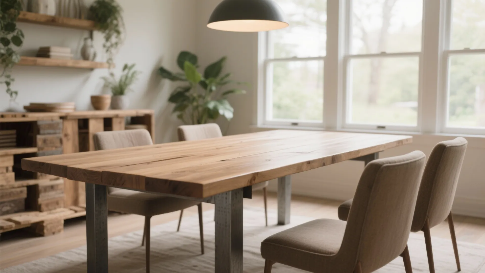Modern dining room featuring wooden table fabric chairs black ceiling light and white framed windows