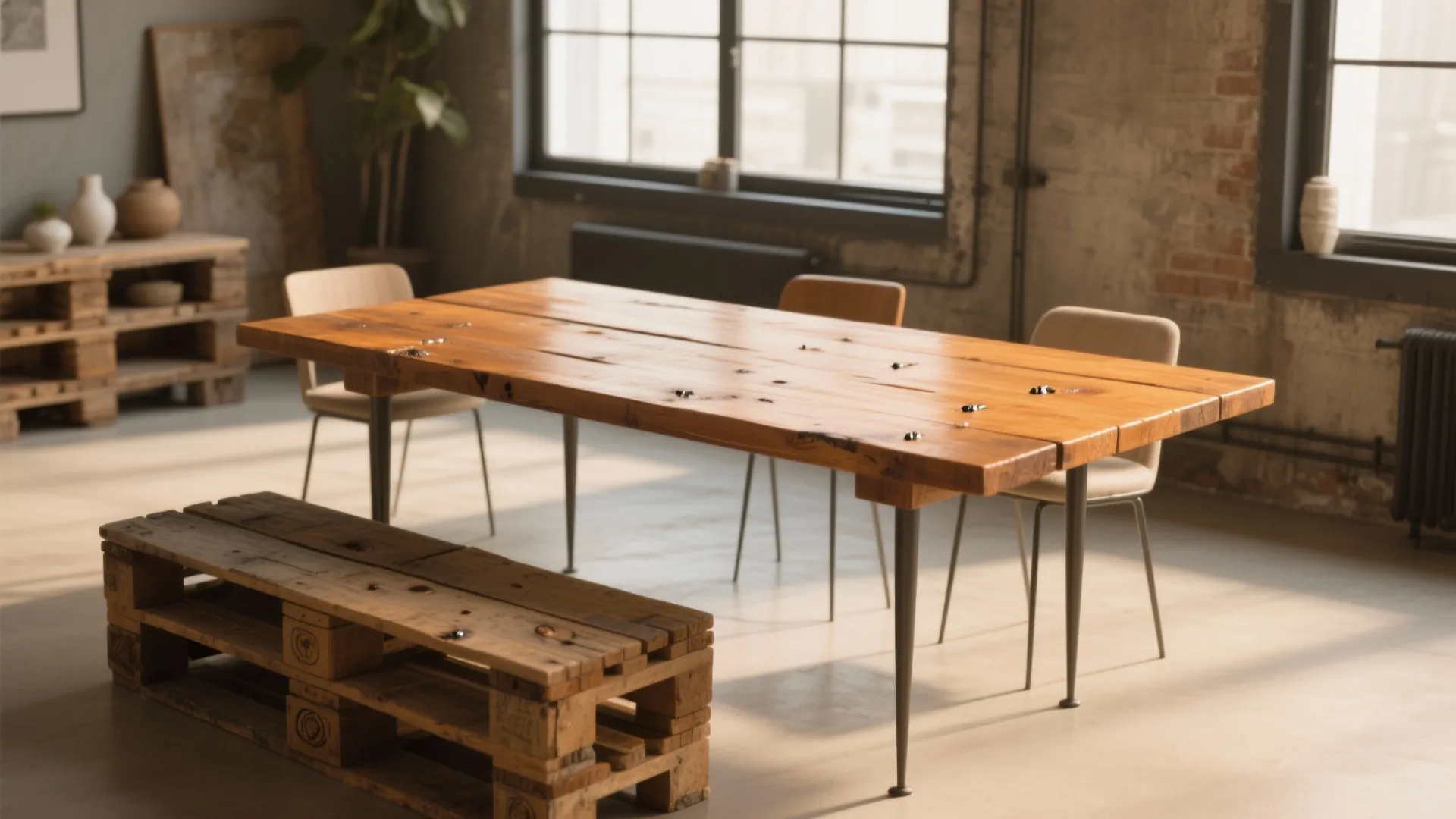 Industrial dining room featuring a long wooden table with metal legs and wooden pallet bench