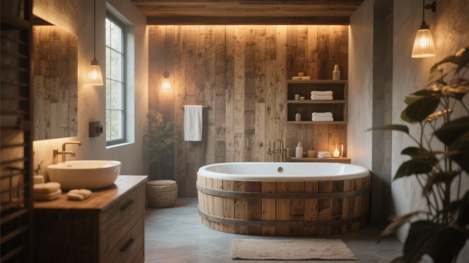Bathtub side panel made from pallet wood in spa bathroom