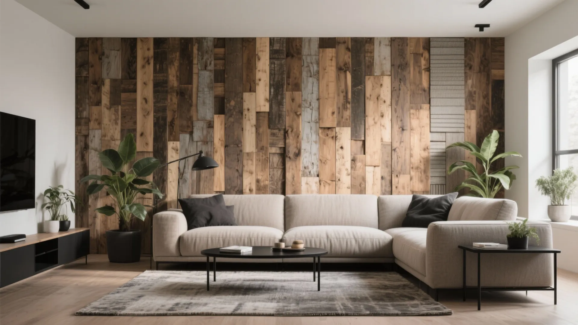 Modern living room featuring a rustic wood wall panel behind a beige sofa and rug