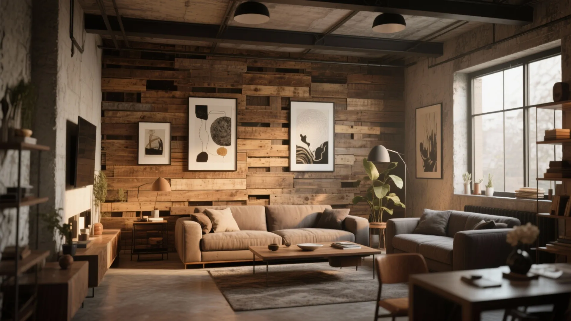 Industrial living room featuring a wood pallet wall with art frames, grey sofa, and plants