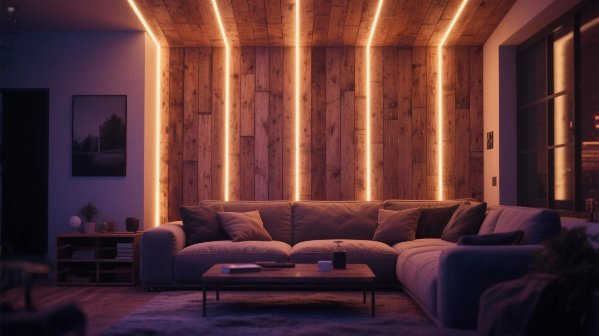 Modern living room with grey sofa and wood wall panel featuring warm vertical light strips