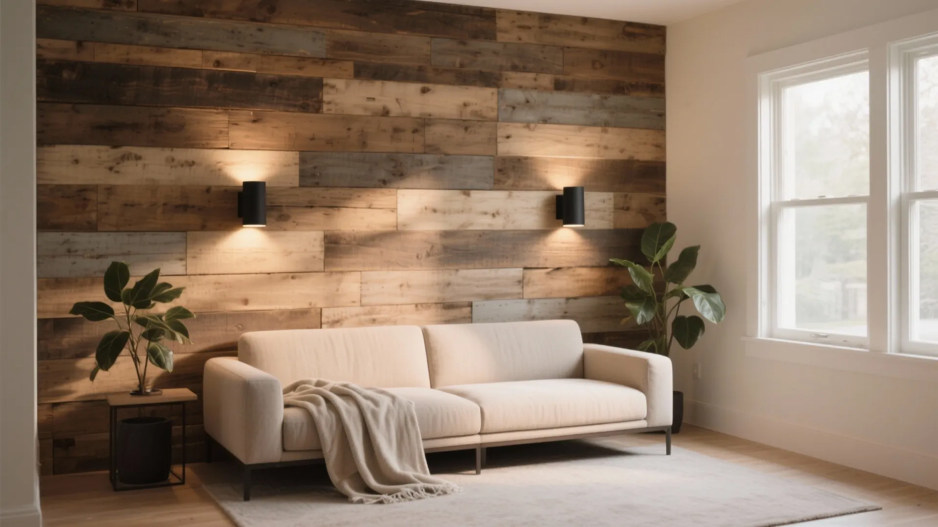 Rustic living room with wood wall panel, beige sofa, two wall lights, and green plants