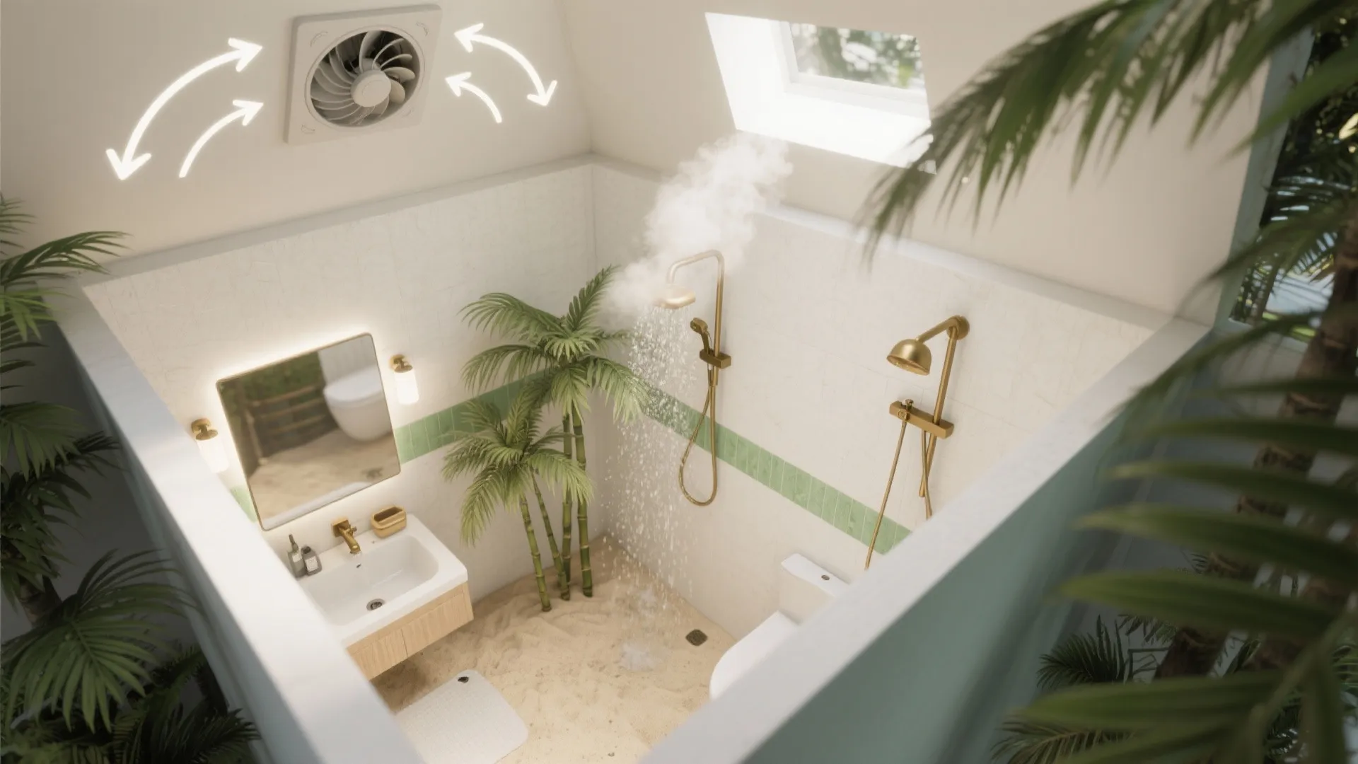 Interior design drawing of bathroom with sand floor gold shower head palm trees and fan