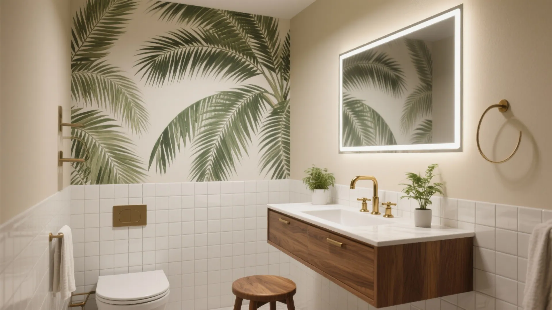 Modern bathroom featuring large tropical leaf wallpaper floating wood cabinet gold faucet and lighted mirror