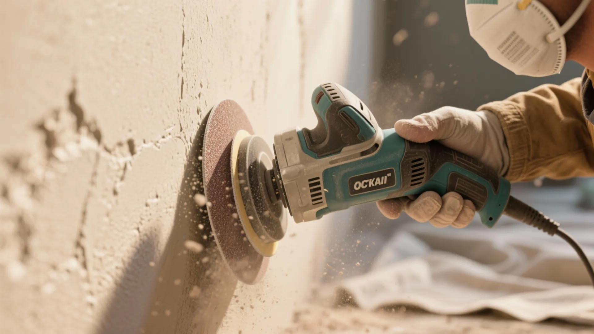 Close-up of a palm sander with dust collection smoothing shallow textured paint on a wall.