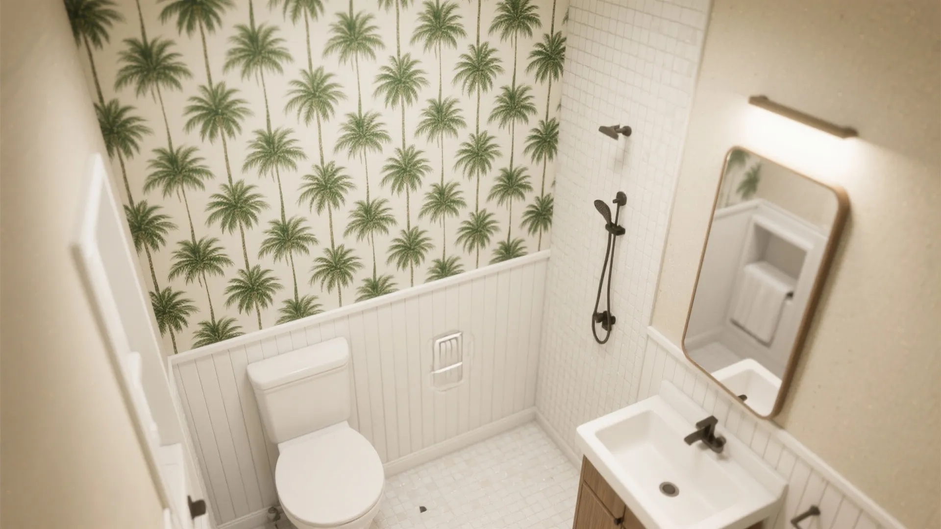 Small bathroom interior with palm tree wallpaper white wall panel white toilet and wooden cabinet