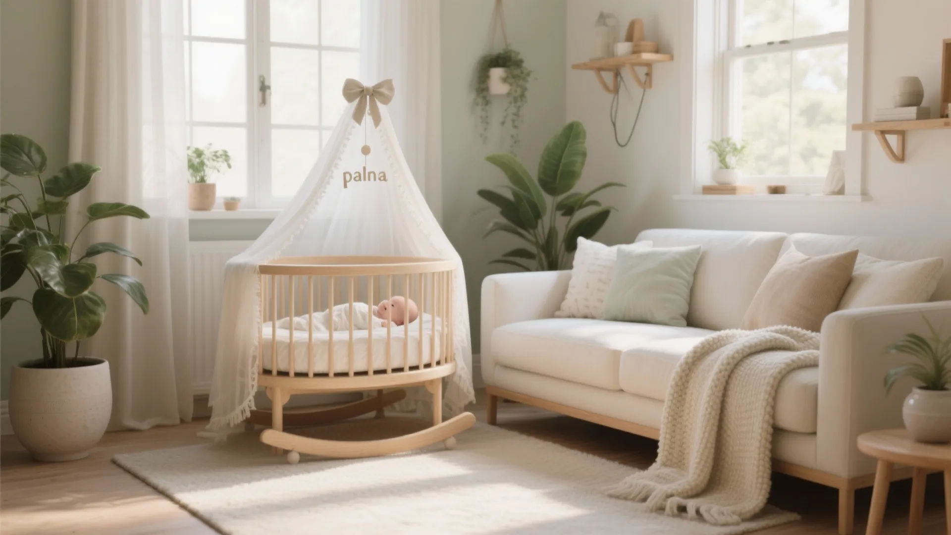 Bright nursery with a wooden baby bed white sofa green plants and soft natural light