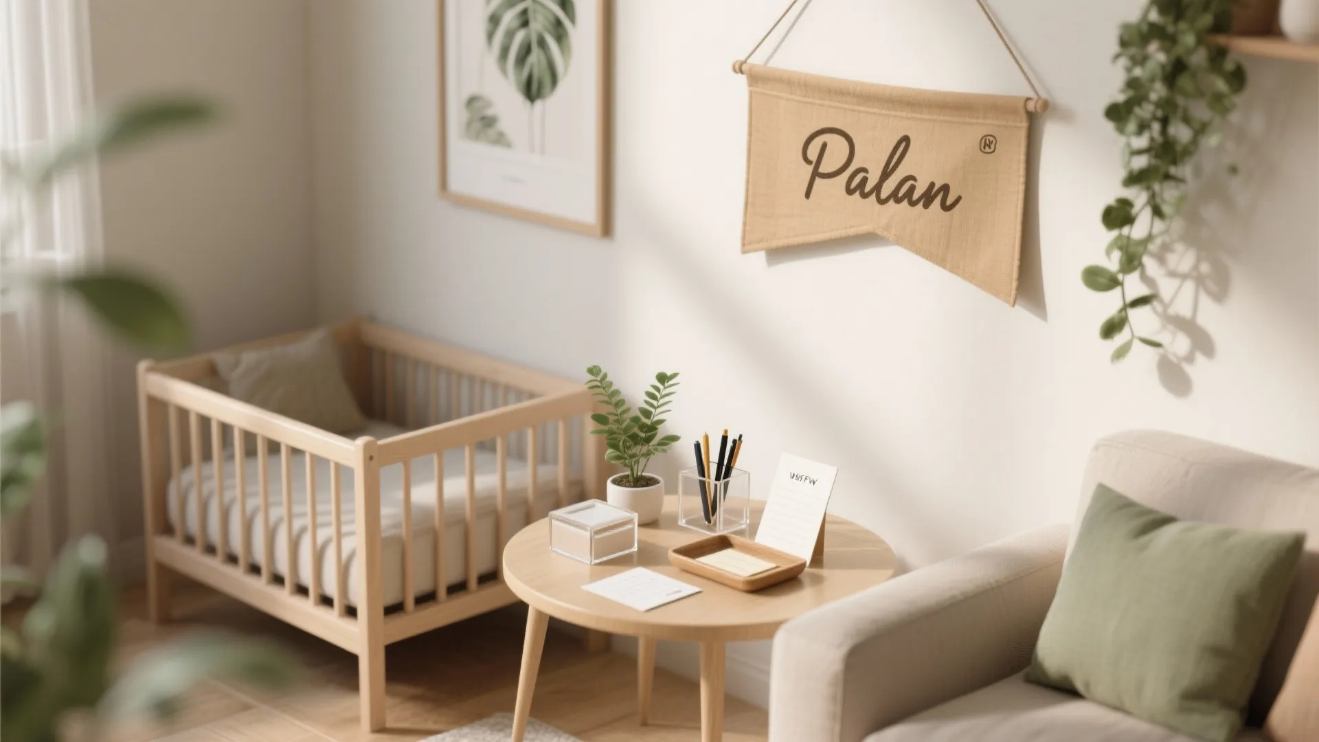 Wooden baby crib next to round side table with pencils, beige sofa, and wall banner