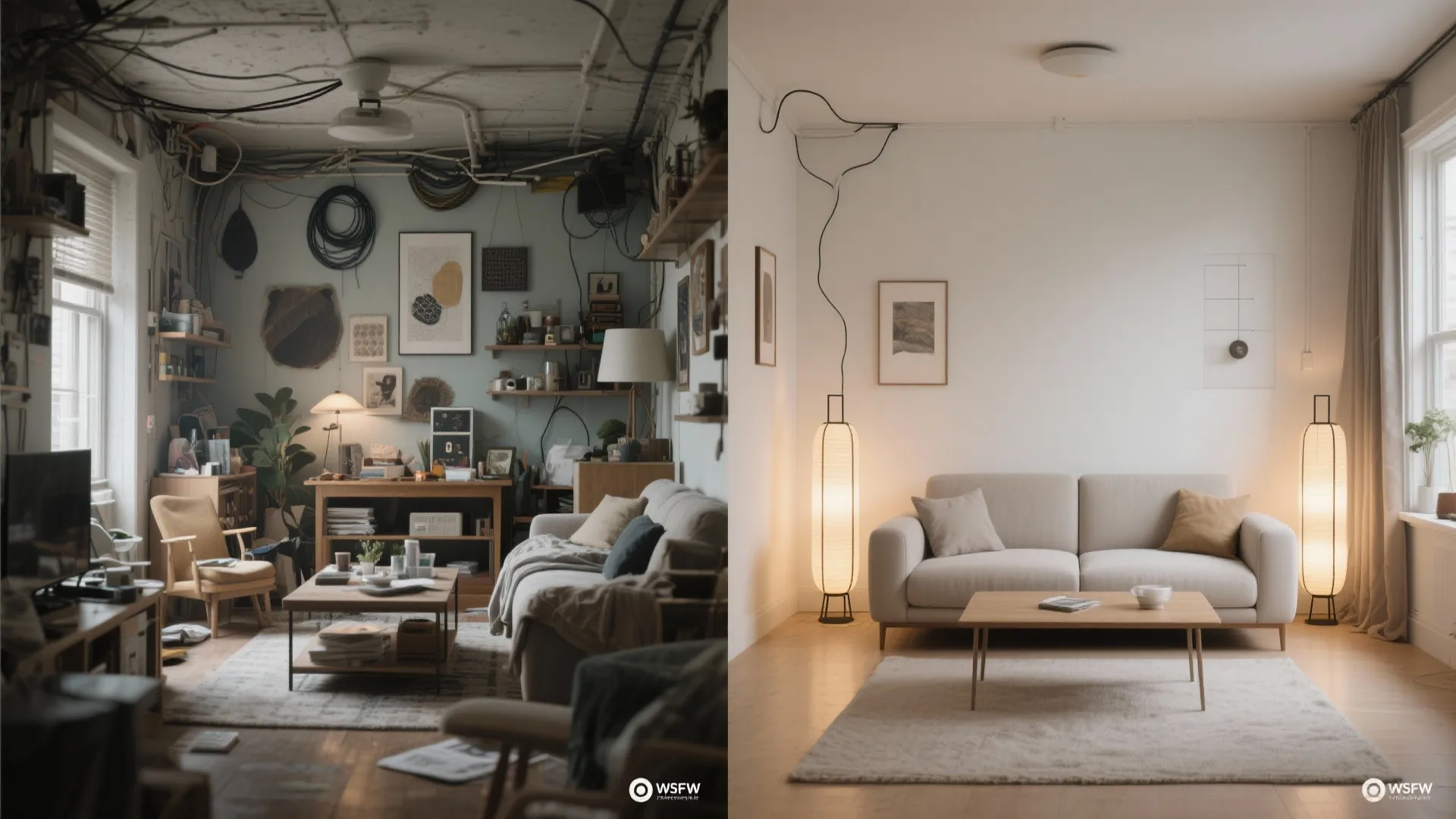 Before and after comparison of a messy living room versus a clean modern minimalist design