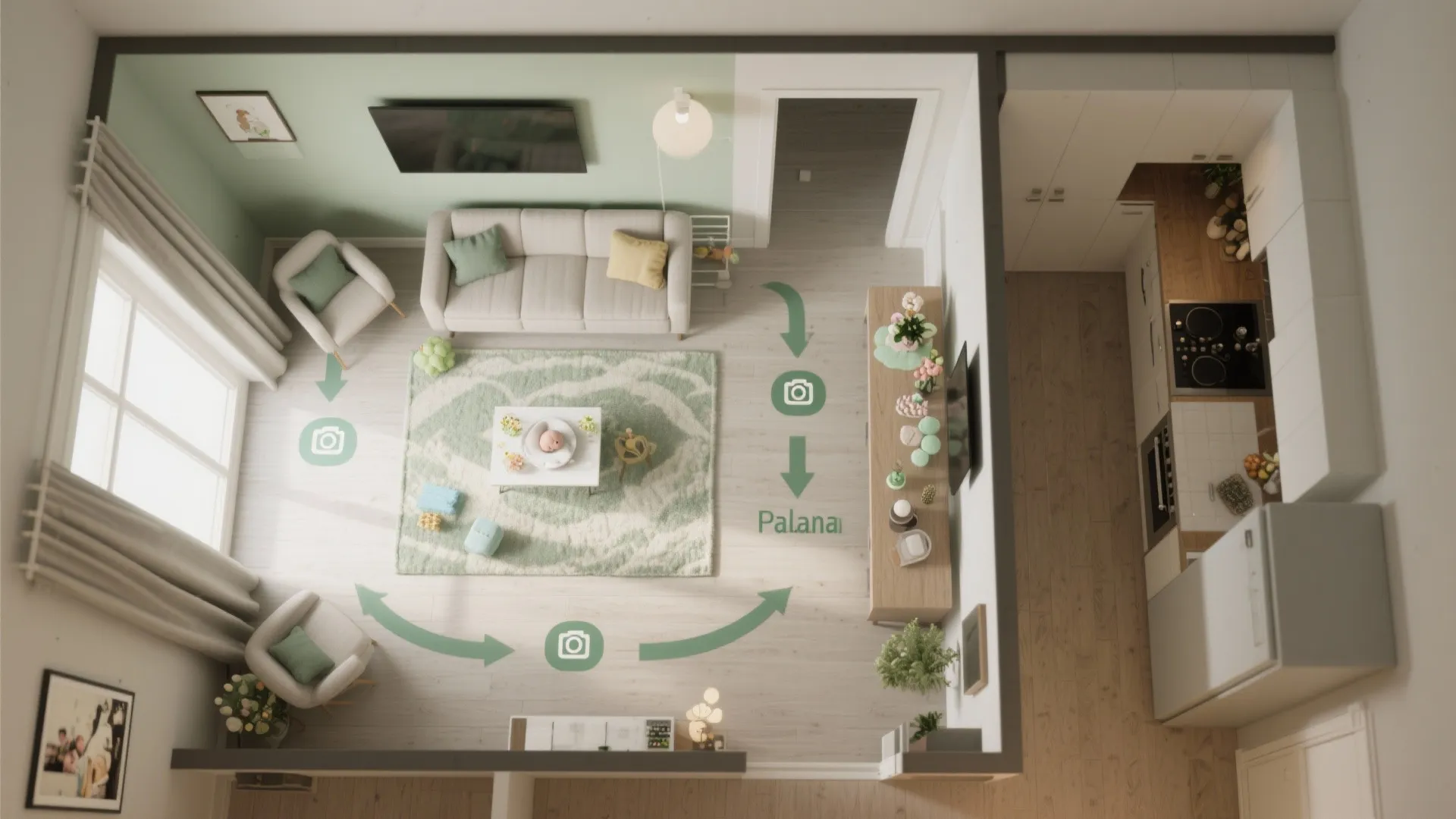 Top down room layout showing a living room and kitchen with green arrows for navigation