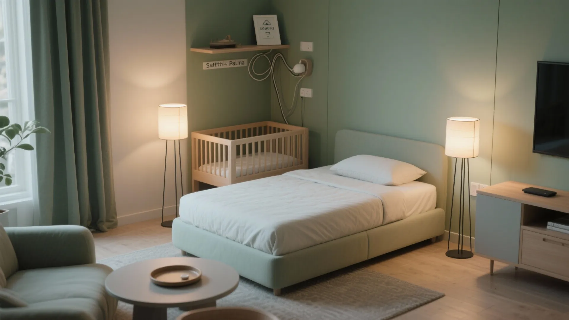 Sage green bedroom featuring a single bed wooden baby crib floor lamps and a cabinet