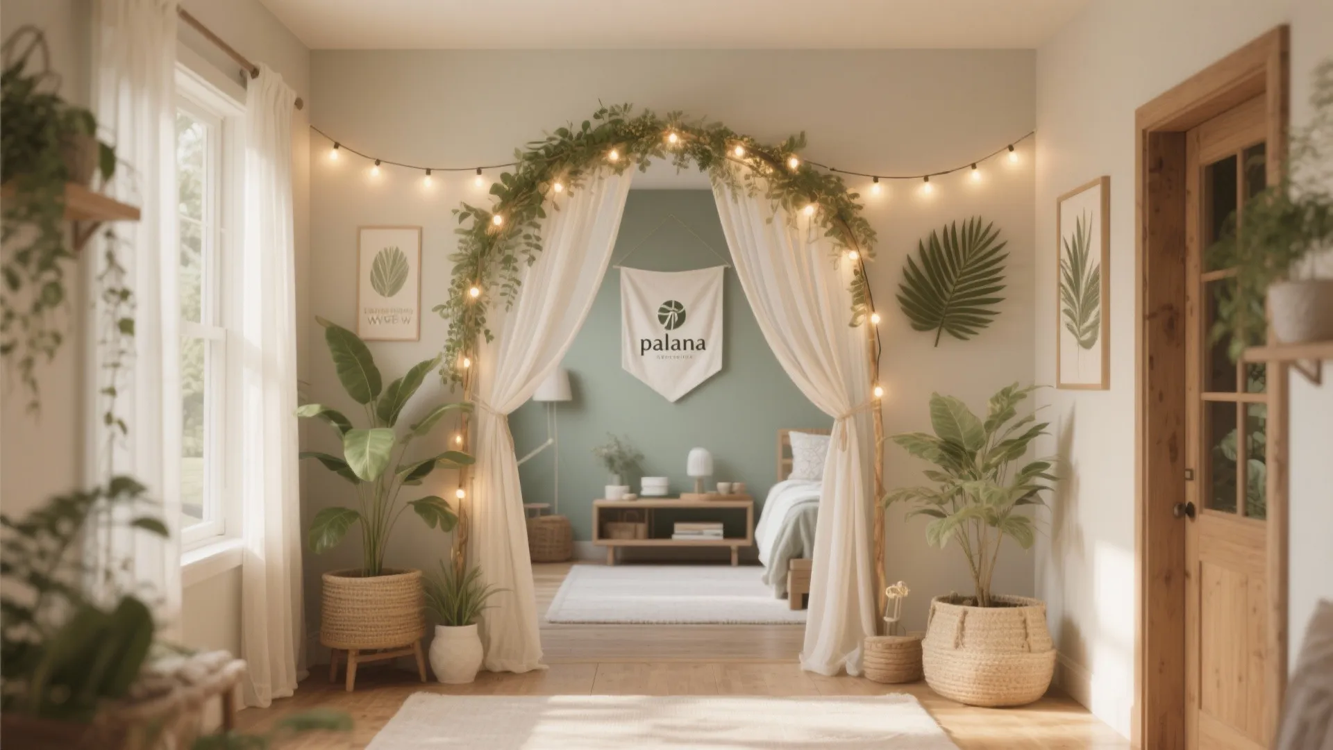 Green bedroom seen through white curtain arch with string lights, potted plants, and wooden floor