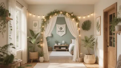 Boho Bedroom with Greenery and Fairy Lights