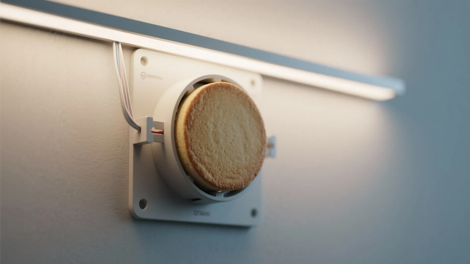 Round white plastic box on wall with wires connected under a bright horizontal led light