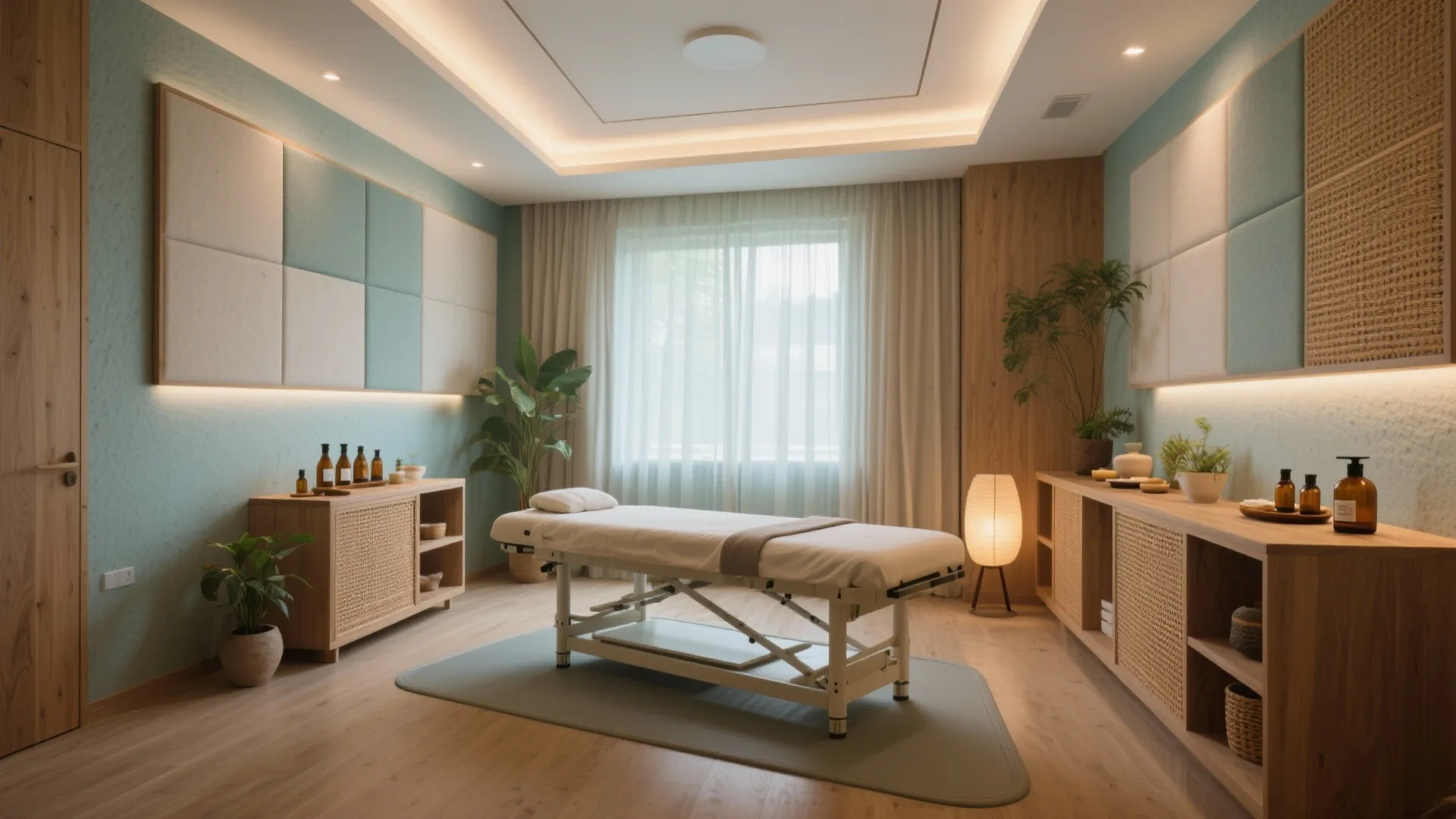 Peaceful massage room featuring a white table wooden storage cabinets soft blue walls and plants