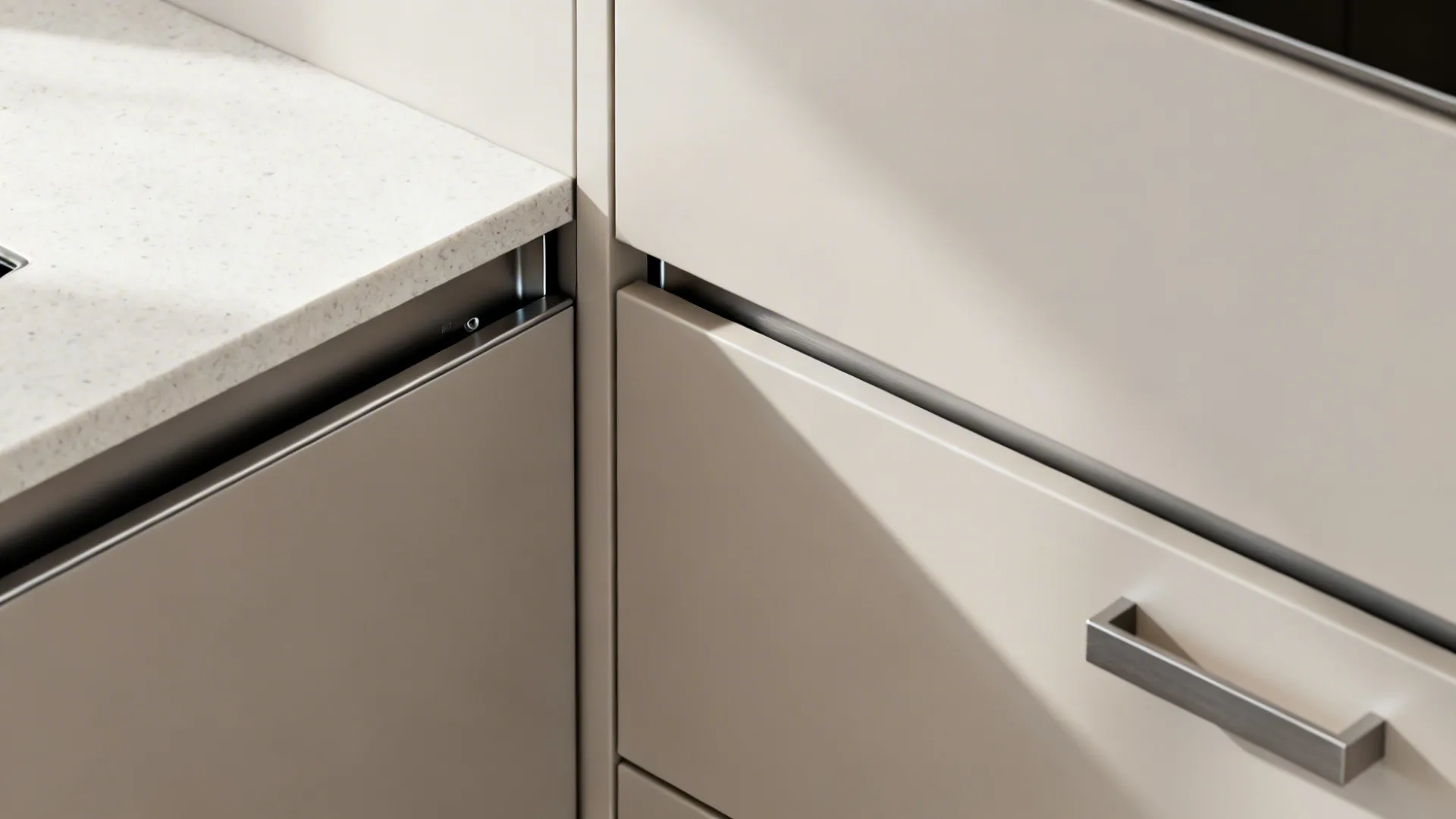 Macro of panel-ready slim dishwasher aligned with flat-panel cabinetry and quartz edge.